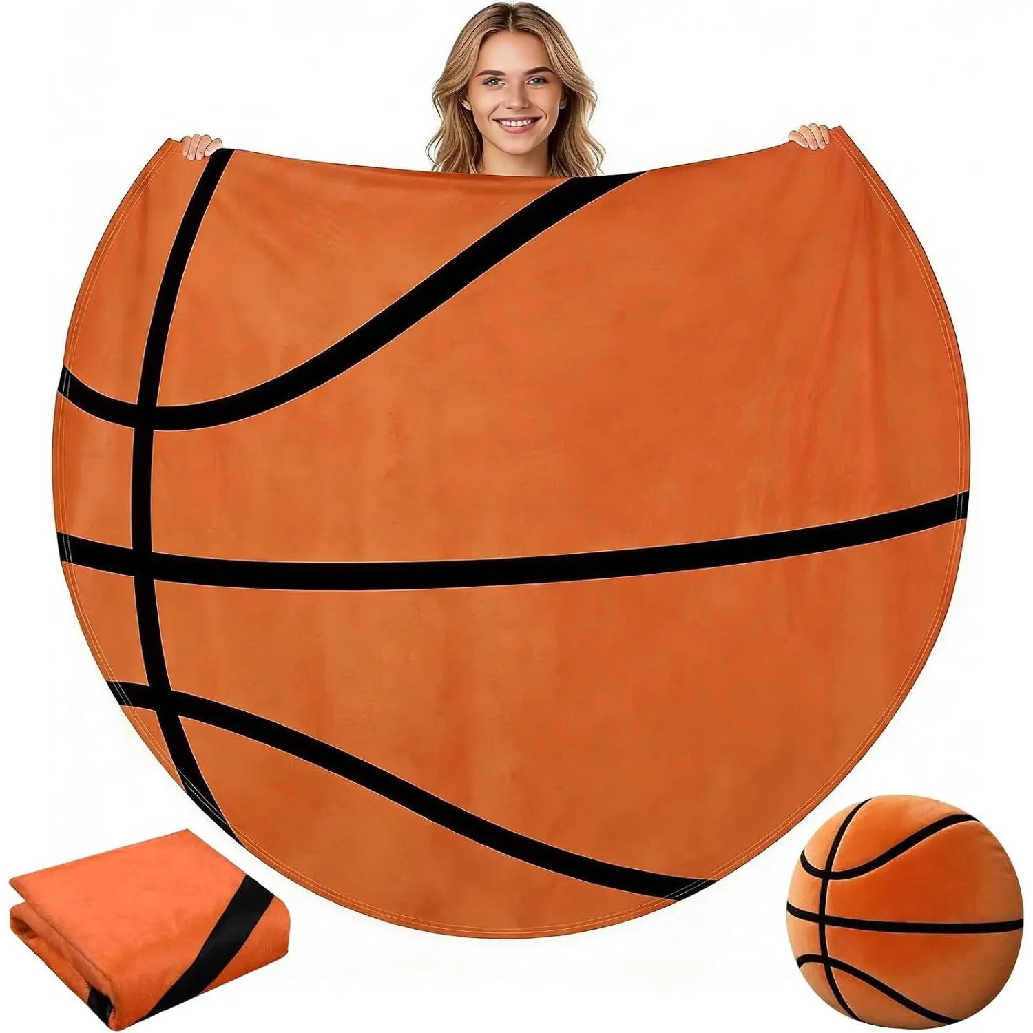 60" Round  Throw Blanket, Soft Flannel with Storage Cover, As a Throw Pillow, Cushions, Baseball Tennis Soccer Basketball Novelty Blanket for  Fan Birthday Senior Night  (Basketball)