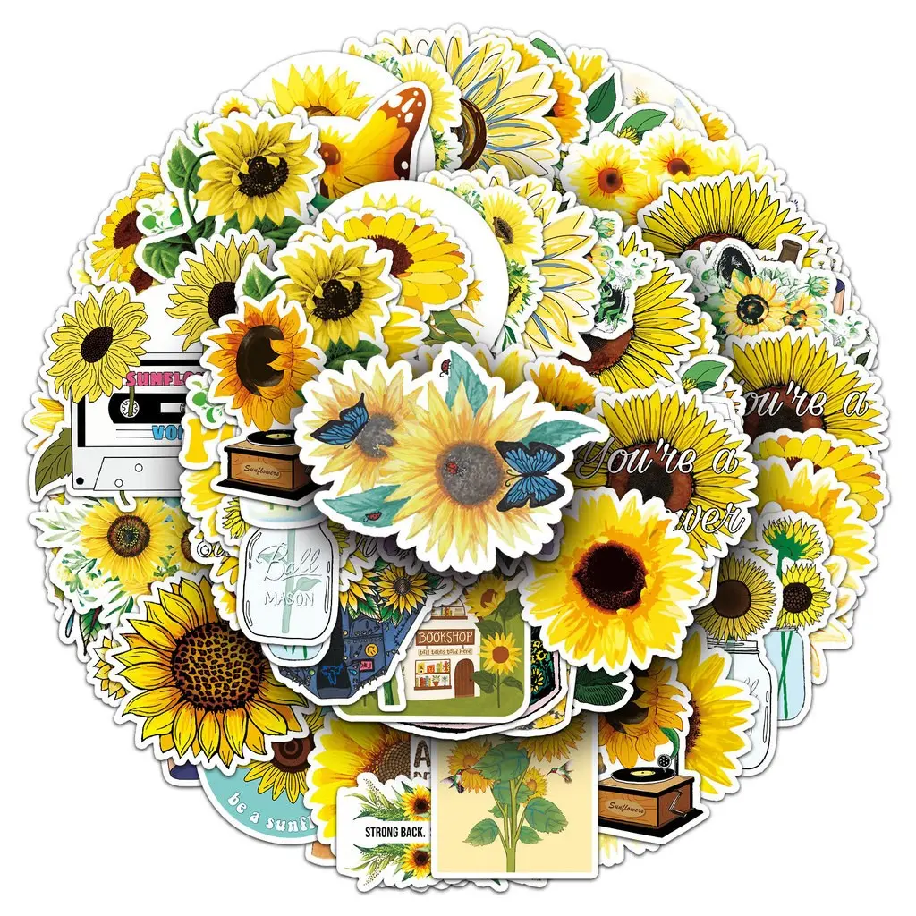 50 Sheets Sunflower Stickers, Plant Flower Graffiti Notebook Decor, Luggage Box Stickers, Water Cup Furniture Stickers