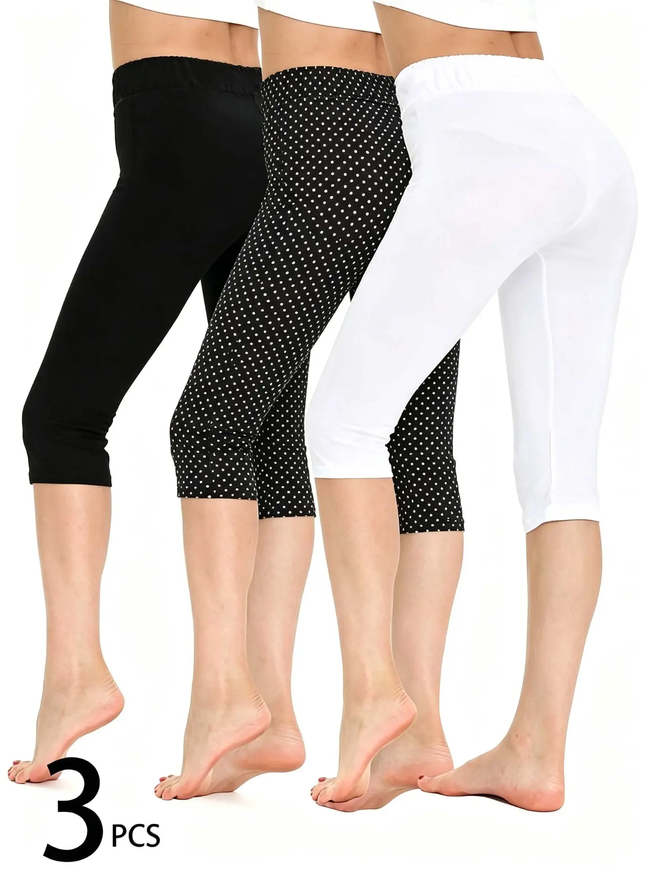 3pcs Summer Women's Fashion Stretchy Three Quarter Leggings Bottoms, Casual Stretch Fabric, Light, All Seasons Seven Points Pants, Plain Leggings