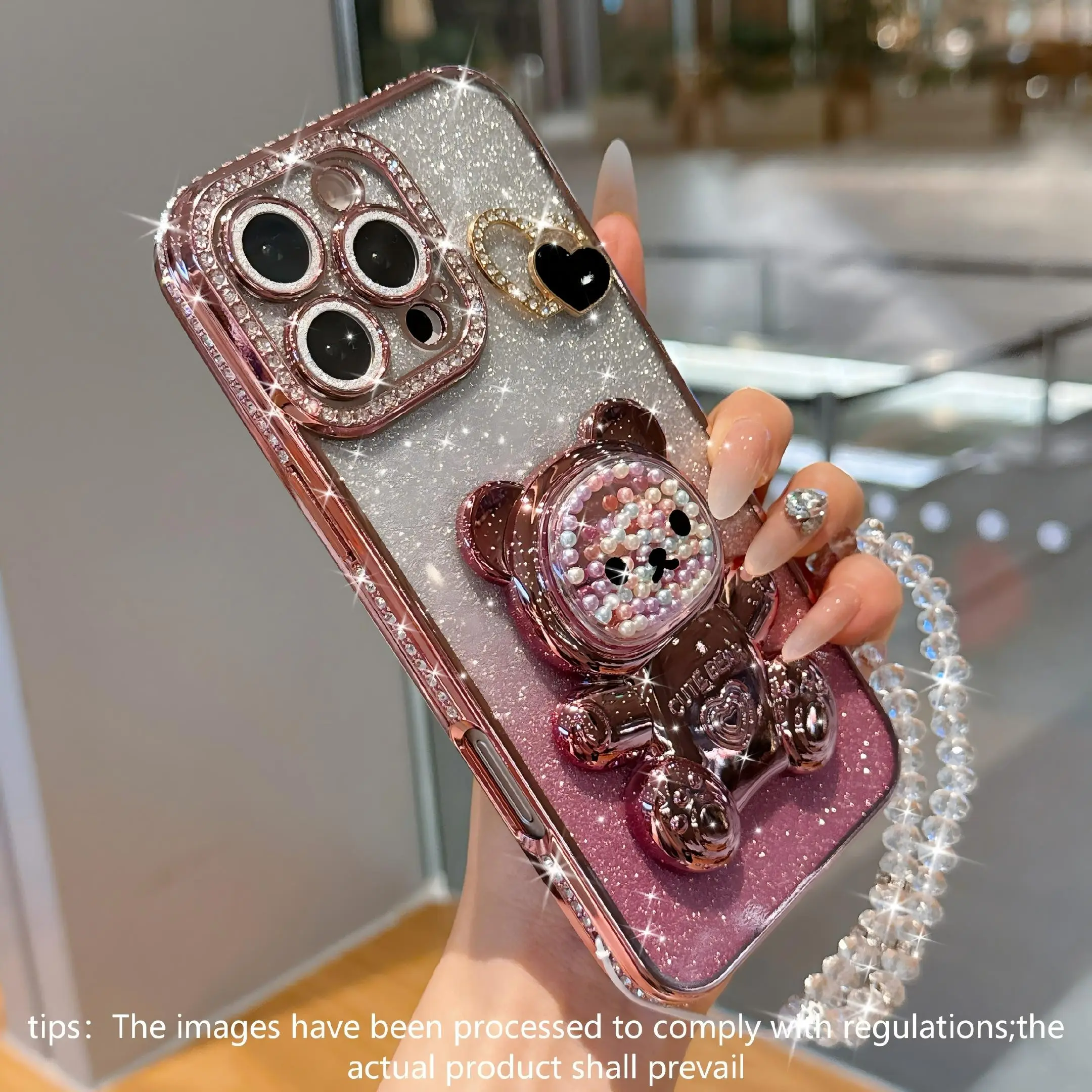 Luxury Rhinestone Bear Stand Phone Case Cover, Gradient Sand Anti-Drop Protector, Crystal Chain, for iPhone 17pro Max 16pro 15 14 13 12