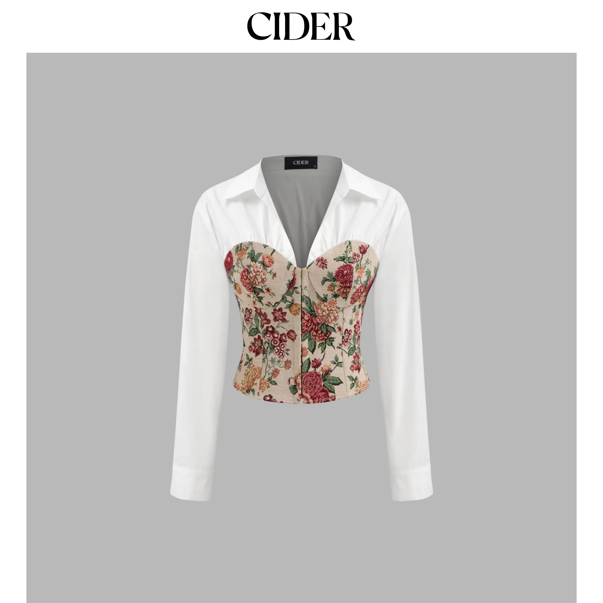 Cider [2 colors, size 2-26] V-neck Collar Floral Patched Corset Long Sleeve Blouse SummerFinds