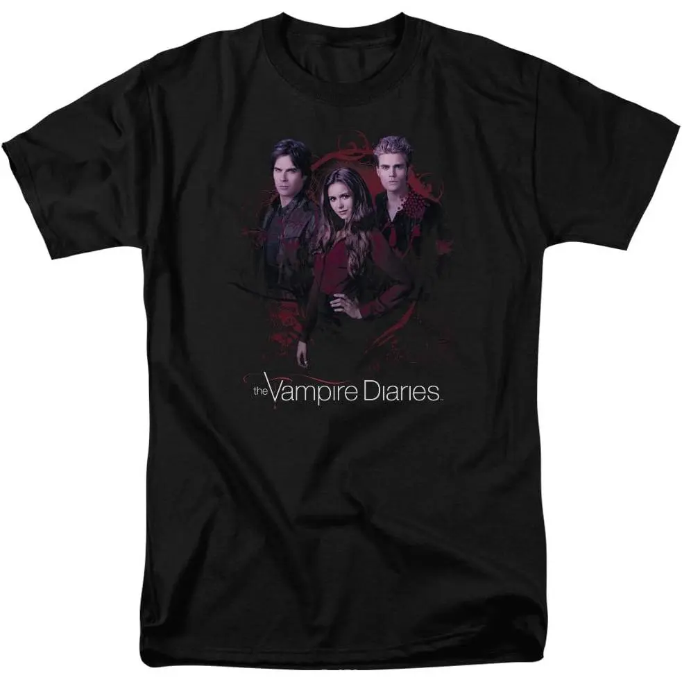 Trevco Men's Vampie Diaries Short Sleeve T-Shirt  The Vampire Diaries Stefan Damon Elena Trio Graphic T-Shirt| Retro TV Show Vampire Love Triangle Fan Tee