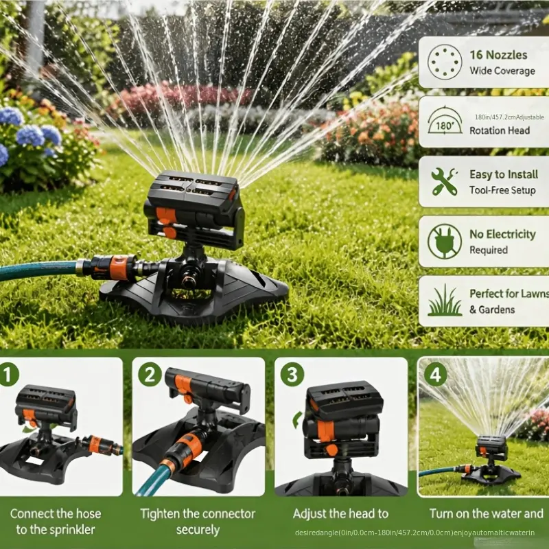1 garden sprinkler with 16 nozzles, 180° adjustable rotating head, automatic irrigation system, wide coverage, easy to install, no electricity required suitable for lawn and garden watering