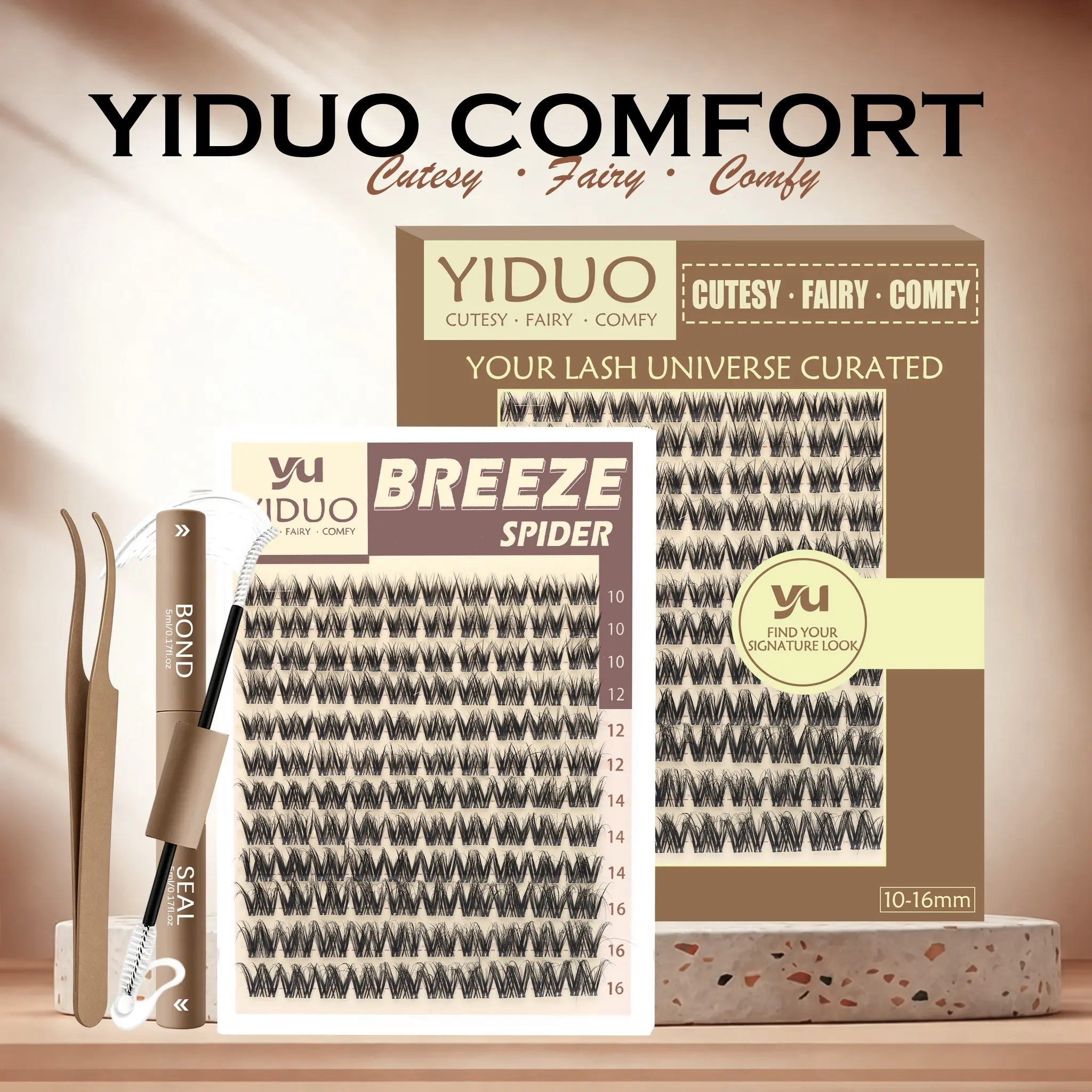 YIDUO  All in One Kit Breeze Lash Clusters, 10-16mm Mix Lengths, Wispy-D Curly & Ultra-Thin 0.05mm Invisible Band, Feather-Light Comfort Waterproof, Includes 2in1 Bond & Seal and Tweezers, Beginner-Friendly Soft & Gentle