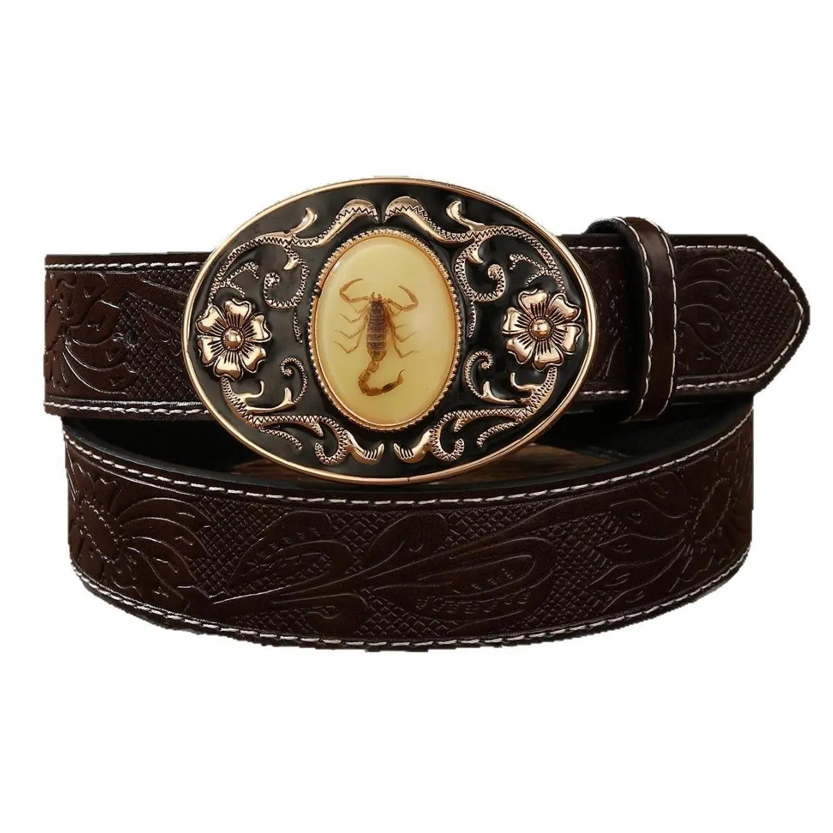 Western Cowboy Belt with Scorpion Gem Buckle & Tooled Floral Pattern