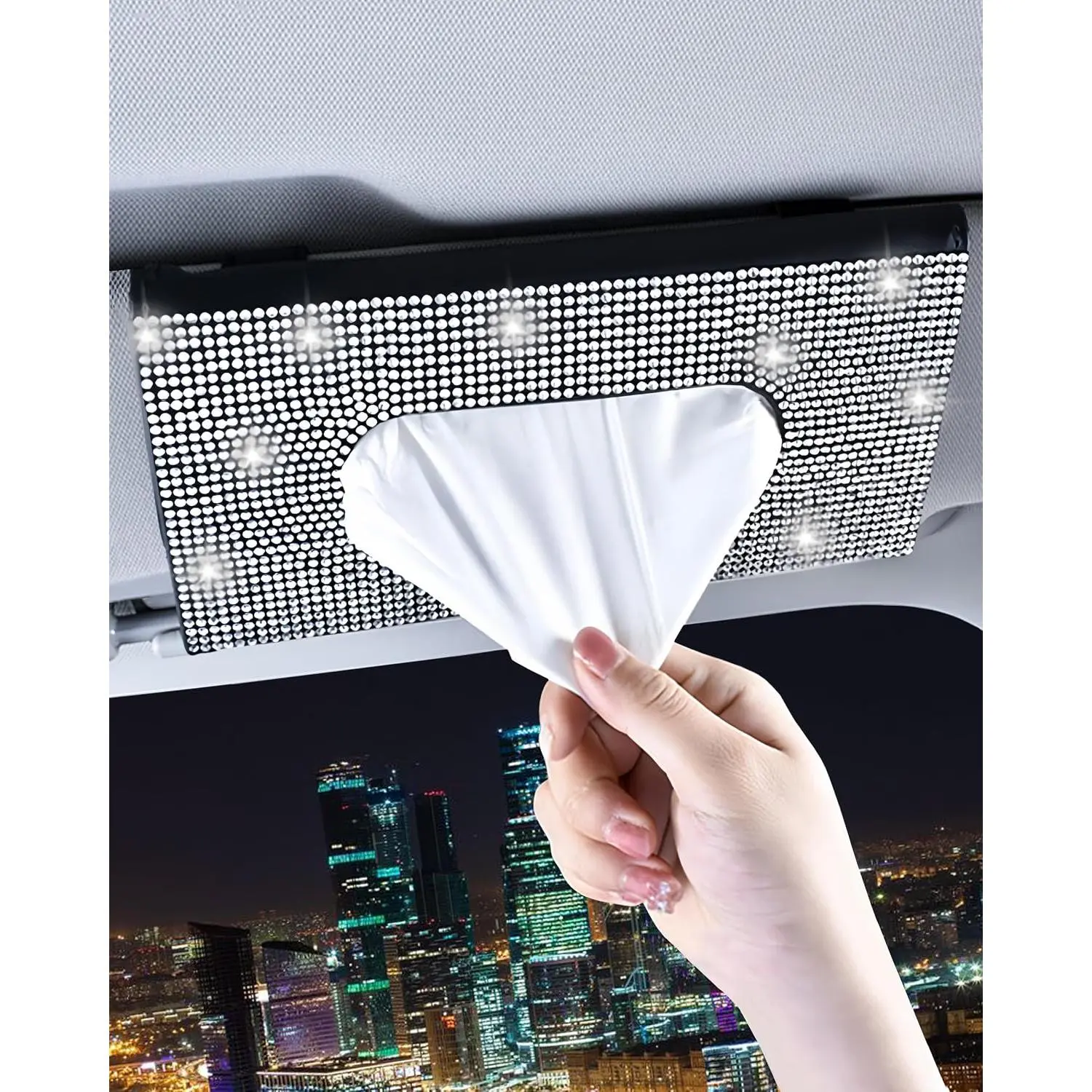 Bling  Sun Visor Tissue Box Holder,PU Leather with Bling  Rhinestones Tissue Holder, Accessories for Women (Black)