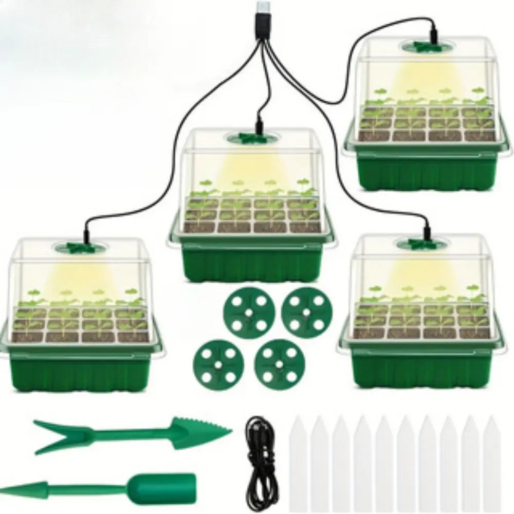 Plastic Seed Starter Tray Kit with Grow Light - 4 Pack 12-Cell Plant Trays, Humidity Domes, Base, Mini Greenhouse Propagator for Indoor Seed Germination, Vegetable Flower Cultivation