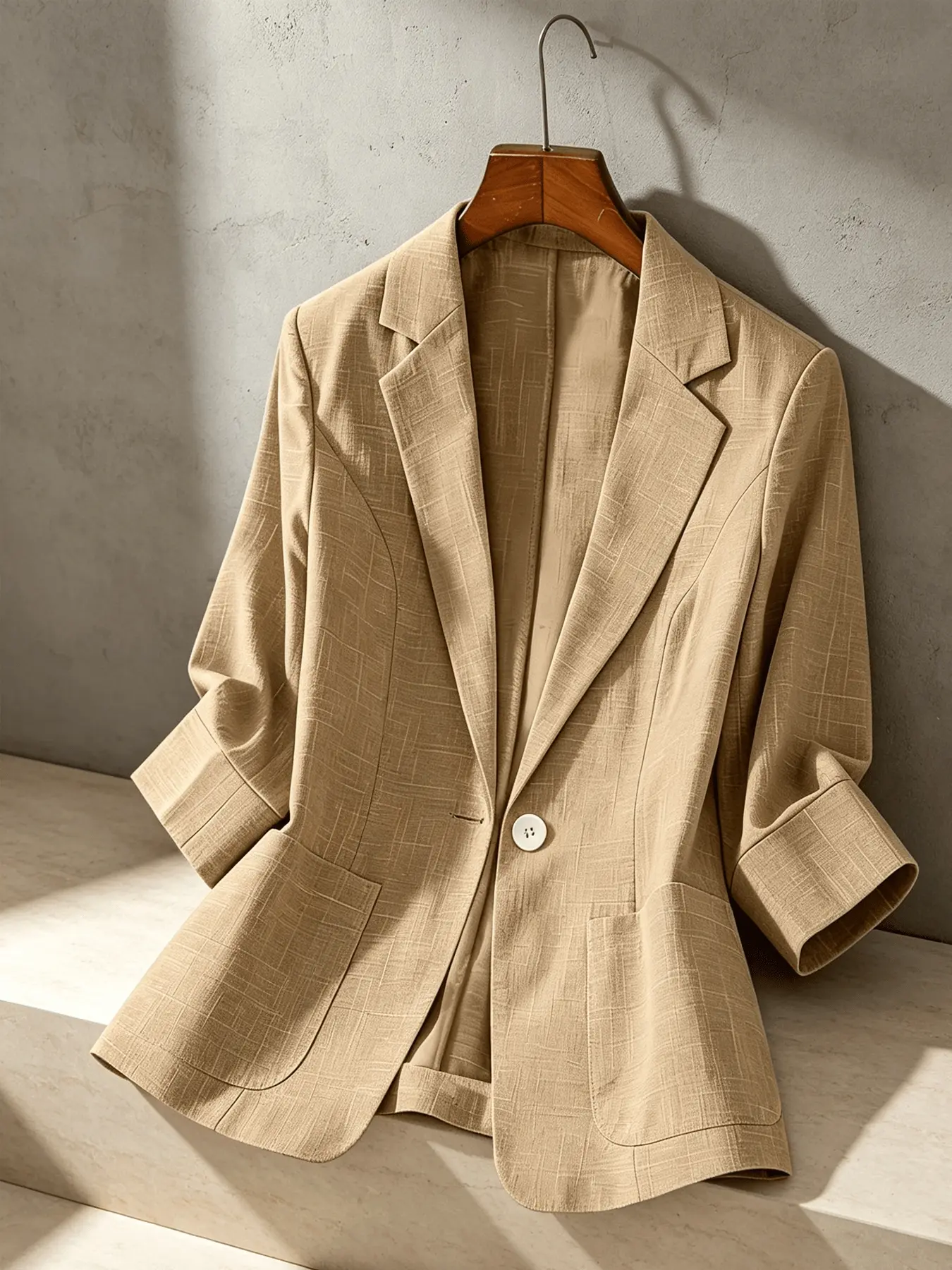 A women's solid color fashionable minimalist lightweight elegant high-end three-quarter sleeve blazer, suitable for spring and summer, ideal for commuting, office clothes and daily wear.