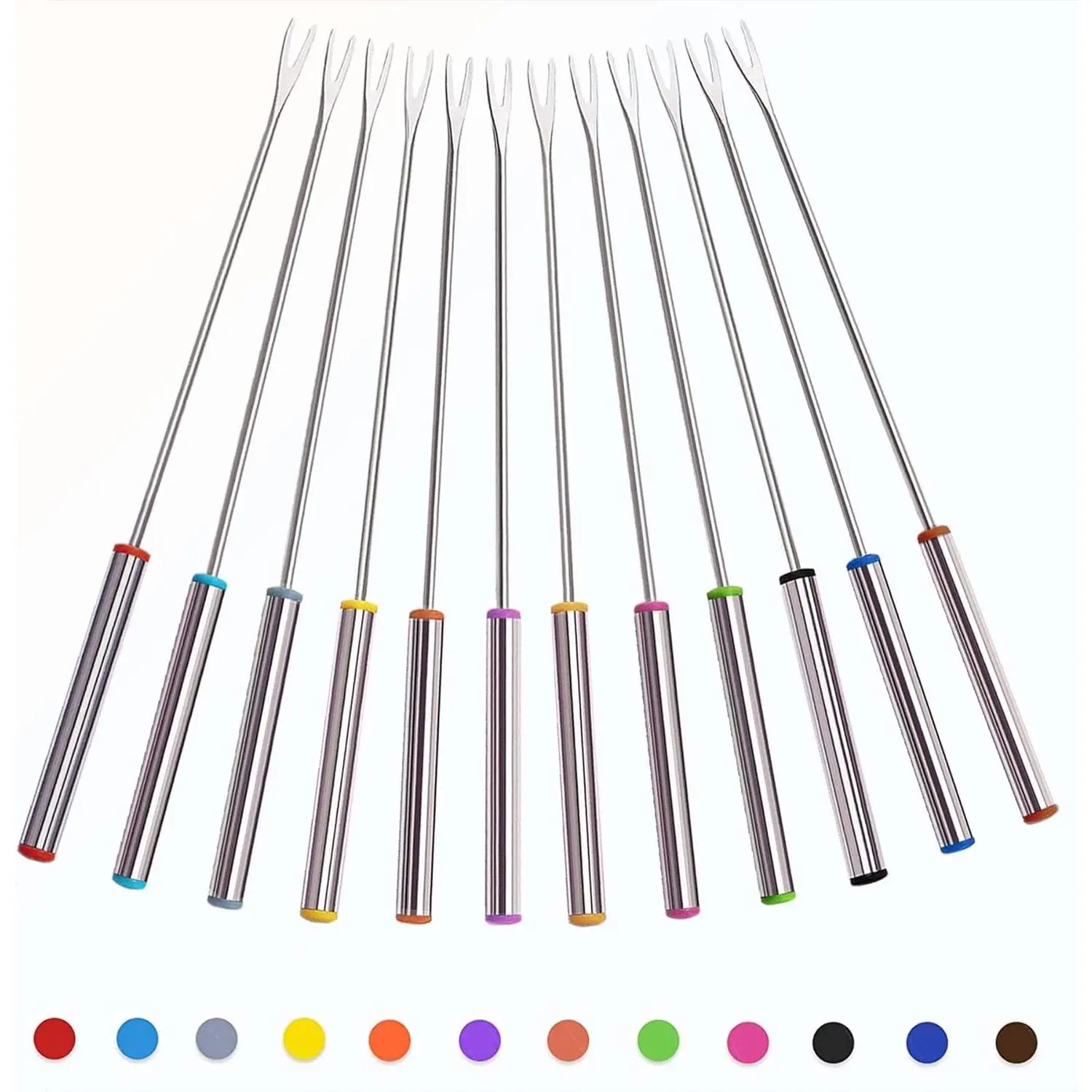 Sturdy Lightweight Round Cheese Fondue Forks Set - 12 Color-Coded Stainless Steel Meat Forks with Heat-Resistant Handles, 9.5 in Length