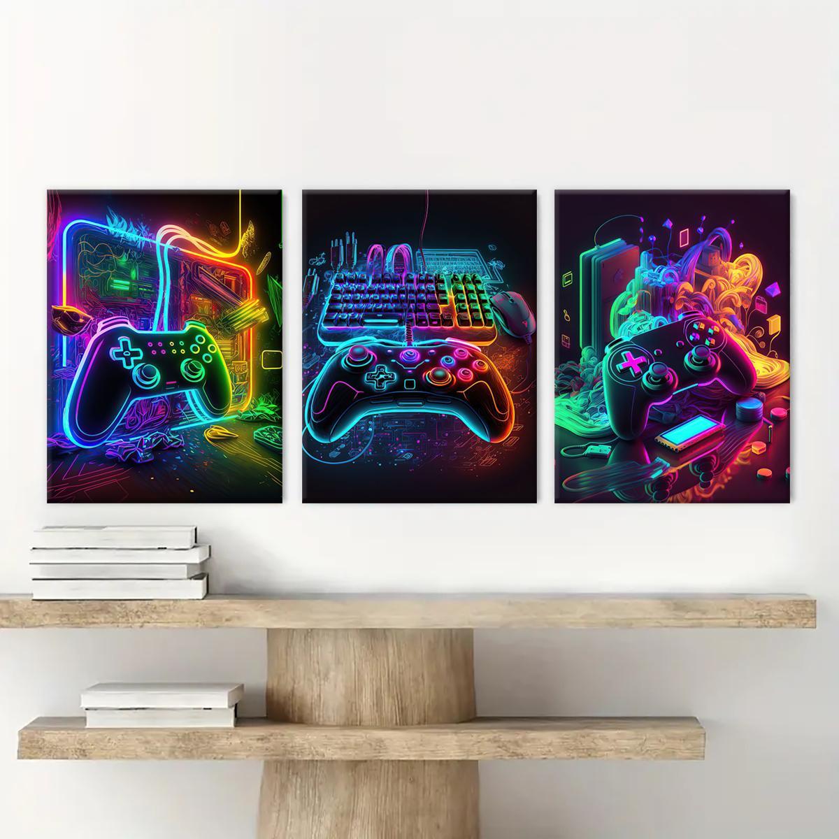 Modern Neon Gamepad Lightsaber Man Pattern Canvas Painting with Frame, 3 Counts/set Artistic Modern Wall Art Painting, Wall Art Decor for Home Living Room Bedroom Office, Wall Art Decoration