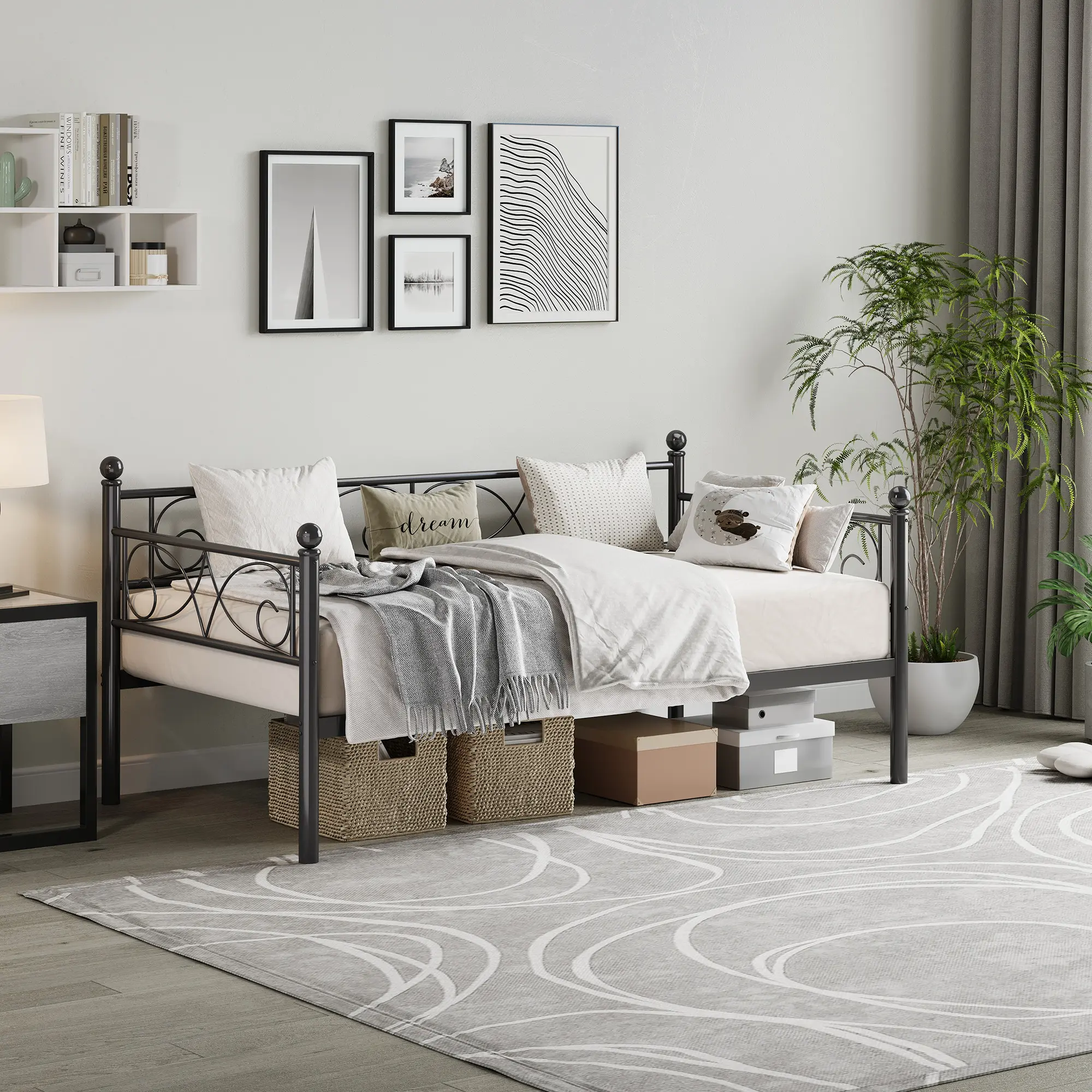 Twin Size Metal Daybed Frame Sofa Bed with Storage Space and Classic Design