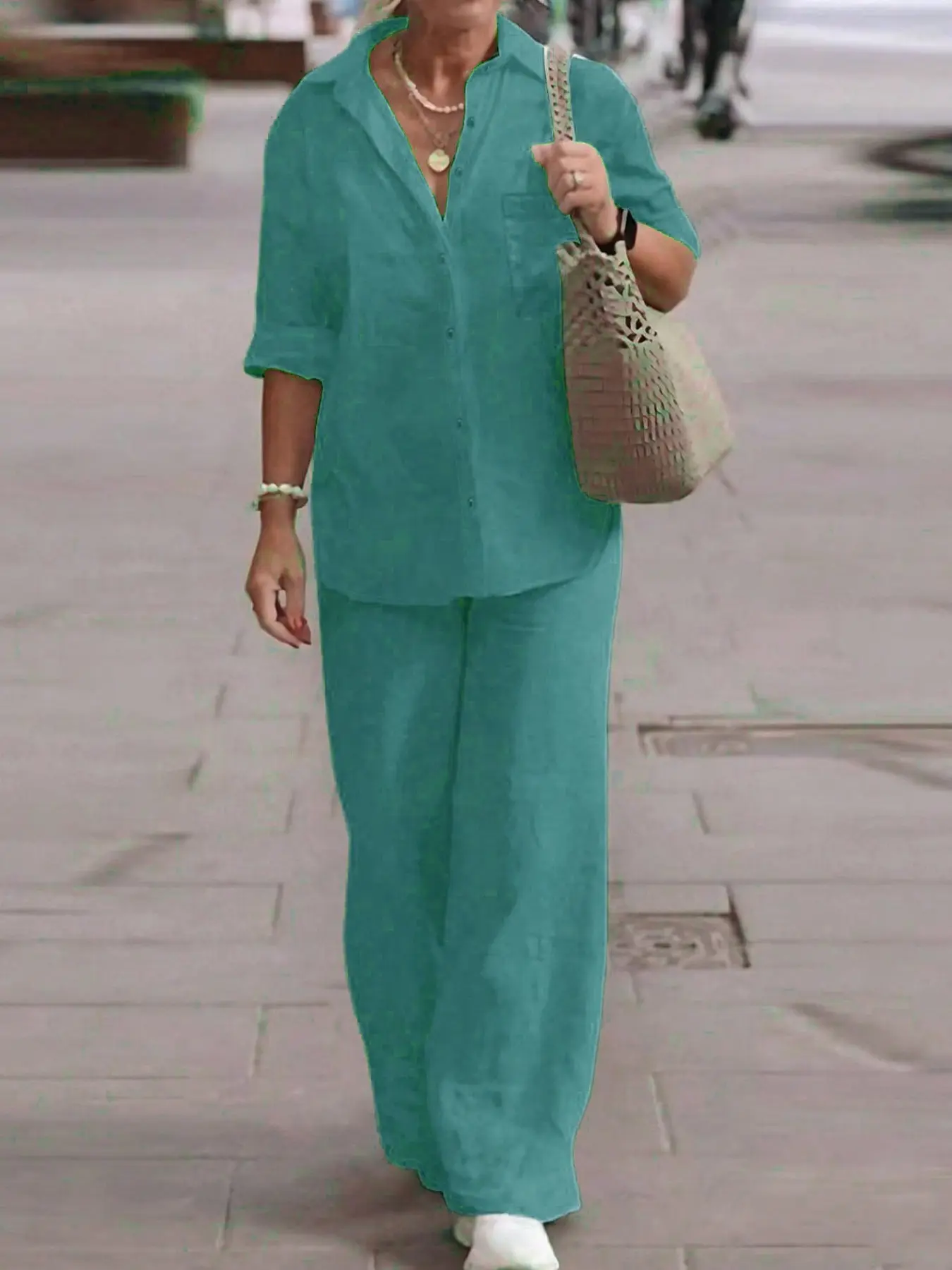 Two piece set of women's fashionable and minimalist style, long sleeved collared shirt, straight leg pants suitable for daily commuting in all seasons, afternoon tea, outdoor camping Outfits