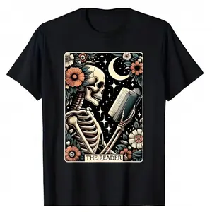 Unisex graphic T-shirt-Skeleton Tarot flower moon witchcraft induction, fashion book lovers aesthetic T-shirt, cute retro printed top.