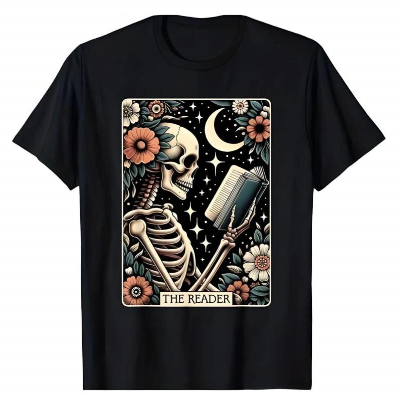 Unisex graphic T-shirt-Skeleton Tarot flower moon witchcraft induction, fashion book lovers aesthetic T-shirt, cute retro printed top.