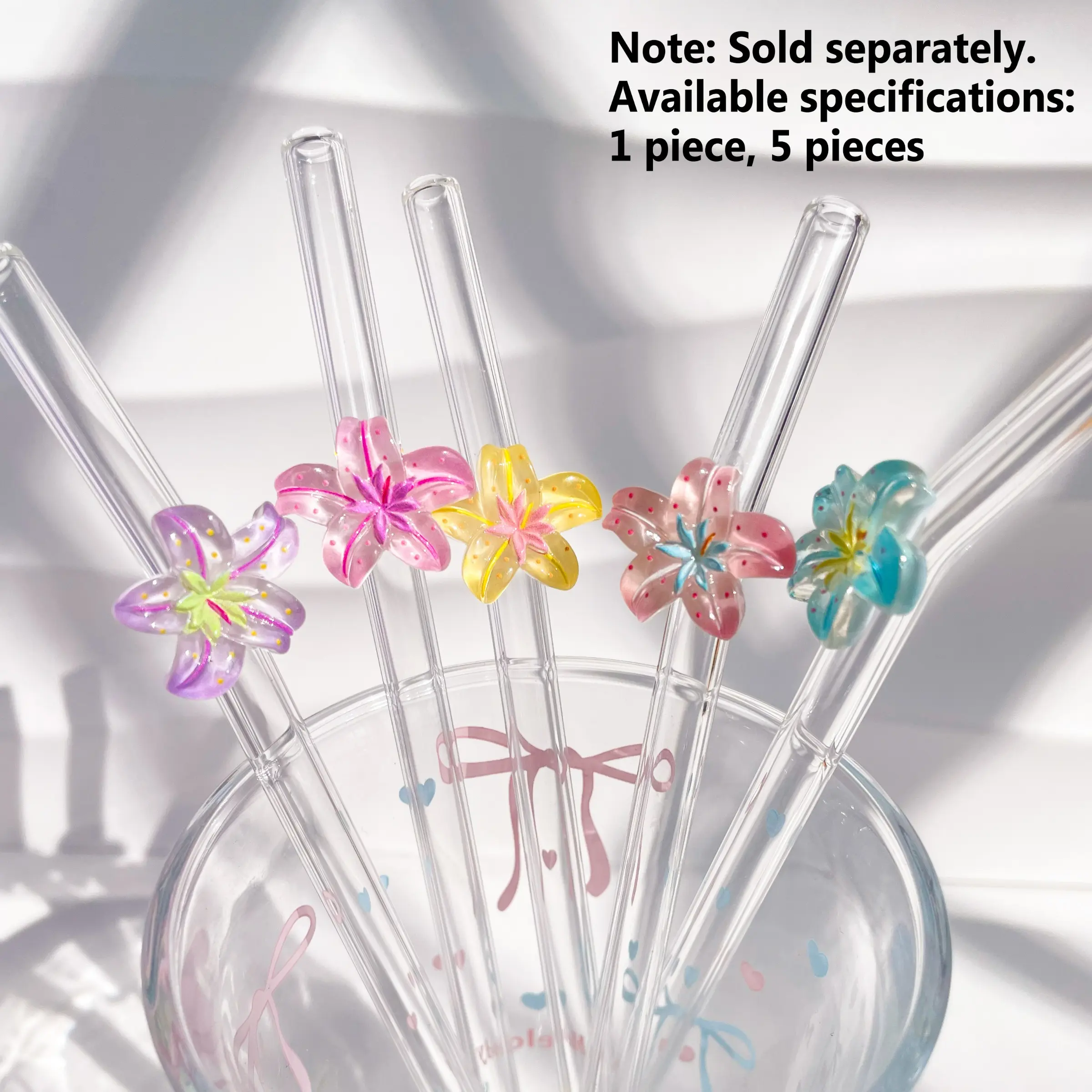 Floral Decorative Glass Straw Set, Durable Bendable Transparent Cute Straws, Reusable for Cold Drinks, Ideal for Home, Restaurant, Parties, Drinking Straws