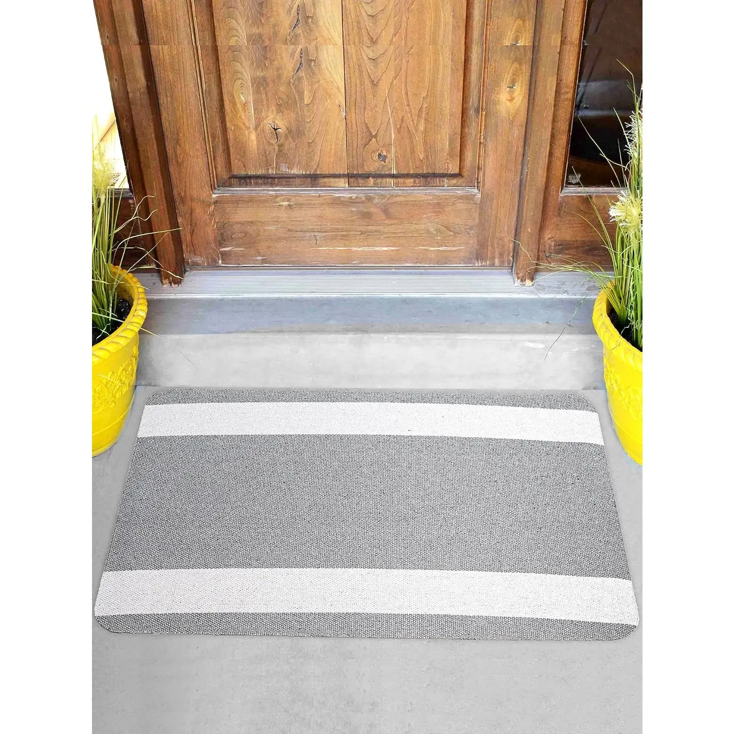 Block Stripe Doormat, Accent Area Mat or Rug, Recycled  Top, PVC Bottom, Durable, Washable, Black, 34" x 24"