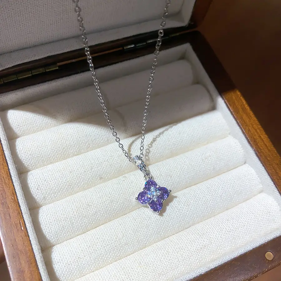 DOUX Purple Crystal Flower Pendant Necklace for Women – Silver-Tone Four-Petal Floral Jewelry