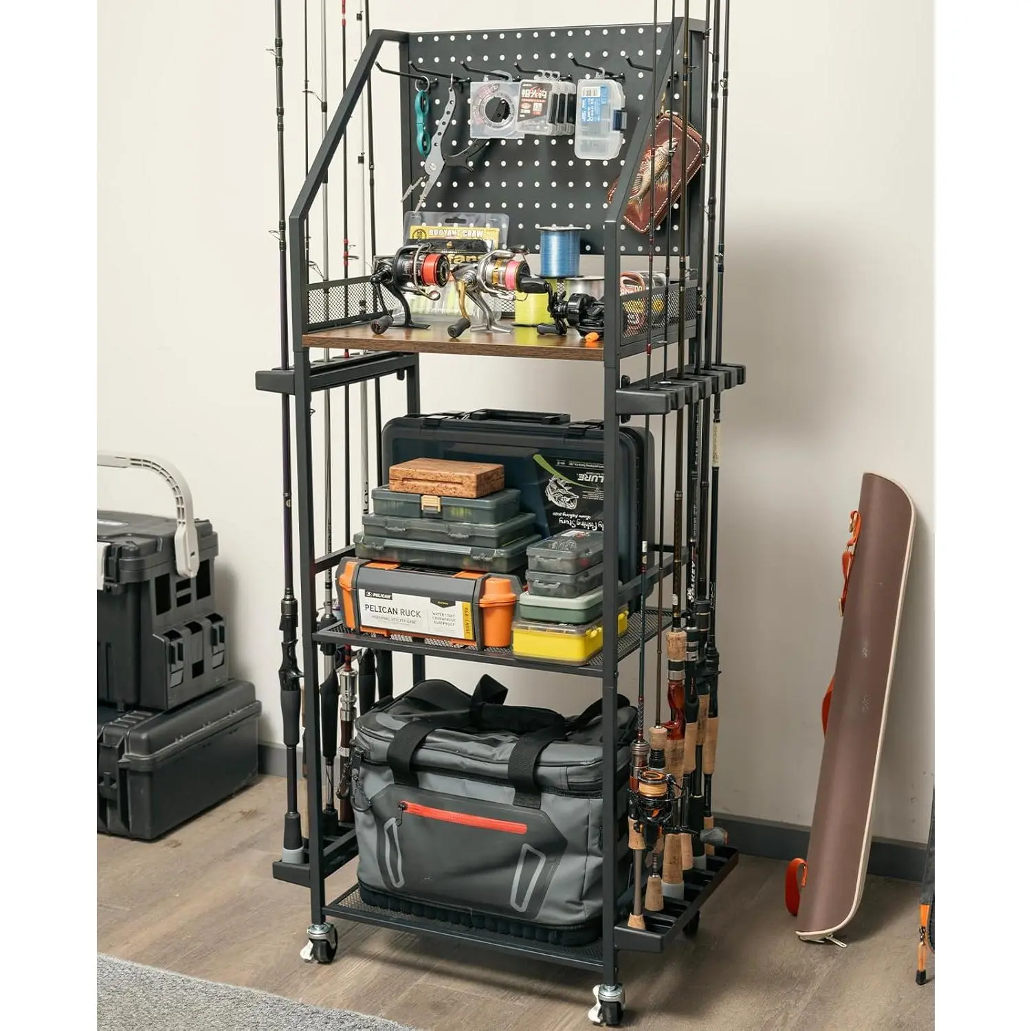 Fishing Rod Holders  Garage, Fishing Pole Holders Up to 12 Rods with Pegboard and Hooks,Rolling Fishing Cart with Wheels, Fishing Gear Storage For Tackle Box & Reel Organization