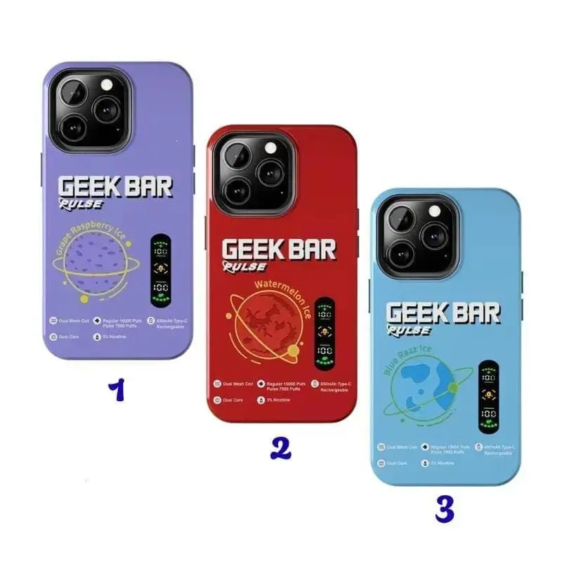 Geek Bar-style phone case featuring a "Purple Raspberry Ice" design—a protective case blending colorful Y2K street style; a stylish accessory compatible with the iPhone 11–17 Pro Max/Plus series and the Samsung Galaxy S23–S25 series.