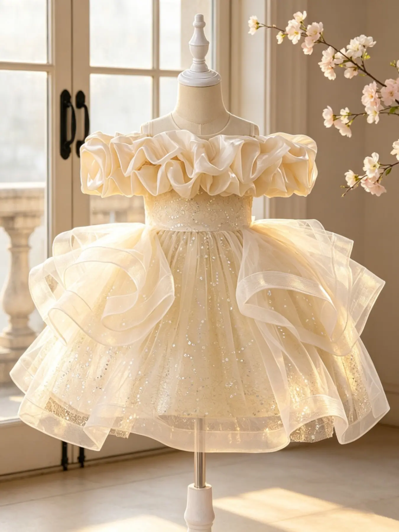 Champagne color dress with floral embroidery train design elegant and beautiful dress suitable for girls birthday party anniversary and prom