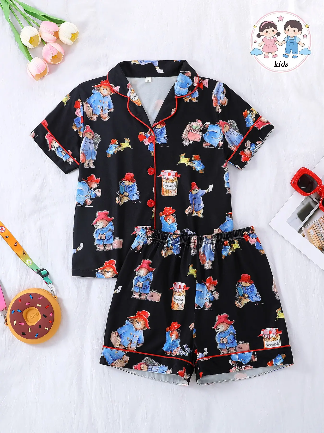 2-Piece Kids' Flame-Resistant Pajama Set, Short Sleeve Button Front Jacket & Shorts, Cartoon Paddington Bear Print, Bear Print Sleepwear, All Seasons, Unisex