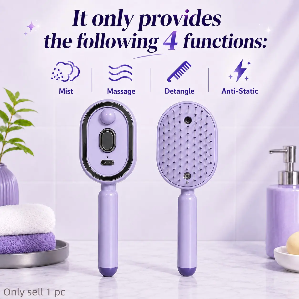 Electric Spray Air Cushion Massage Comb, 4-in-1 Fine Mist Hair Brush with Scalp Massage, Anti-Tangle & Anti-Static Design, Rechargeable Detangling Brush for Daily Hair Care, Purple
