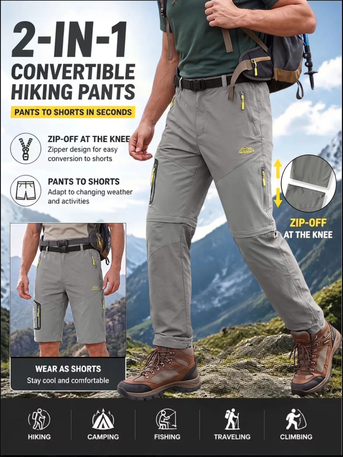 Men's Detachable Hiking Pants, Functional Outdoor Style, 100% Polyester Breathable Fabric, Multiple Zip Pockets, Belt Included, Ideal for Trekking & Daily Use