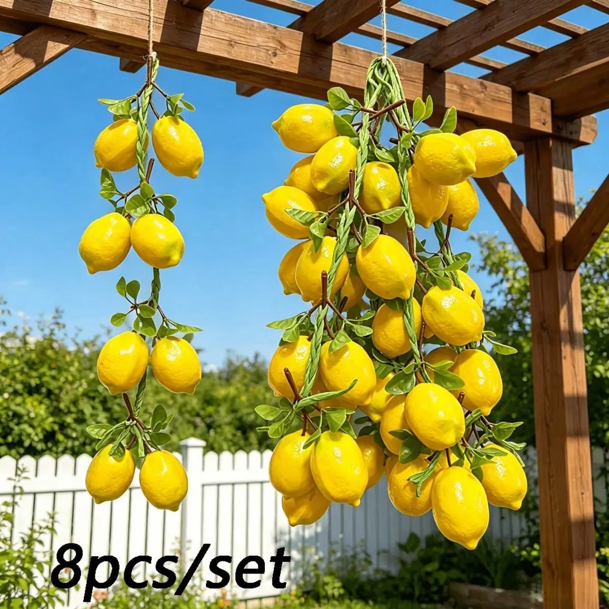 8-Piece Artificial Lemon Wreath Decorations, Bright Hanging Citrus with Leaves, Ideal for Home Kitchen, Weddings, Seasonal Events