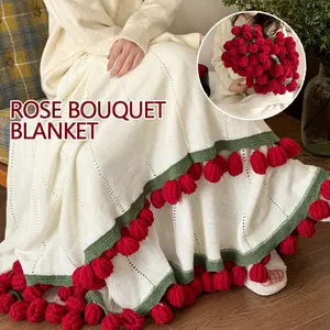 Style Knitted Rose Bouquet Blanket, Foldable Soft Warm Breathable, Three Colors Two Sizes, Mother's Day Birthday Gift, Home Bedroom Sofa Decor