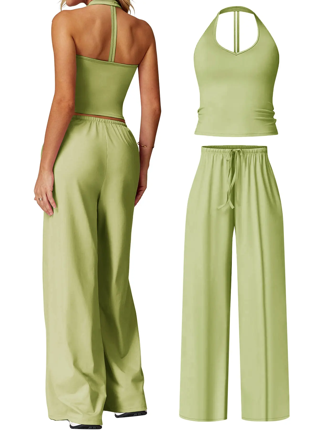 Women's two-piece set with halter neckline and open back design, paired with high-elasticity loose straight-leg sports pants, suitable for running and sports, Yoga outfit set, Athleisure Wear Set, Workout Set, Active wear