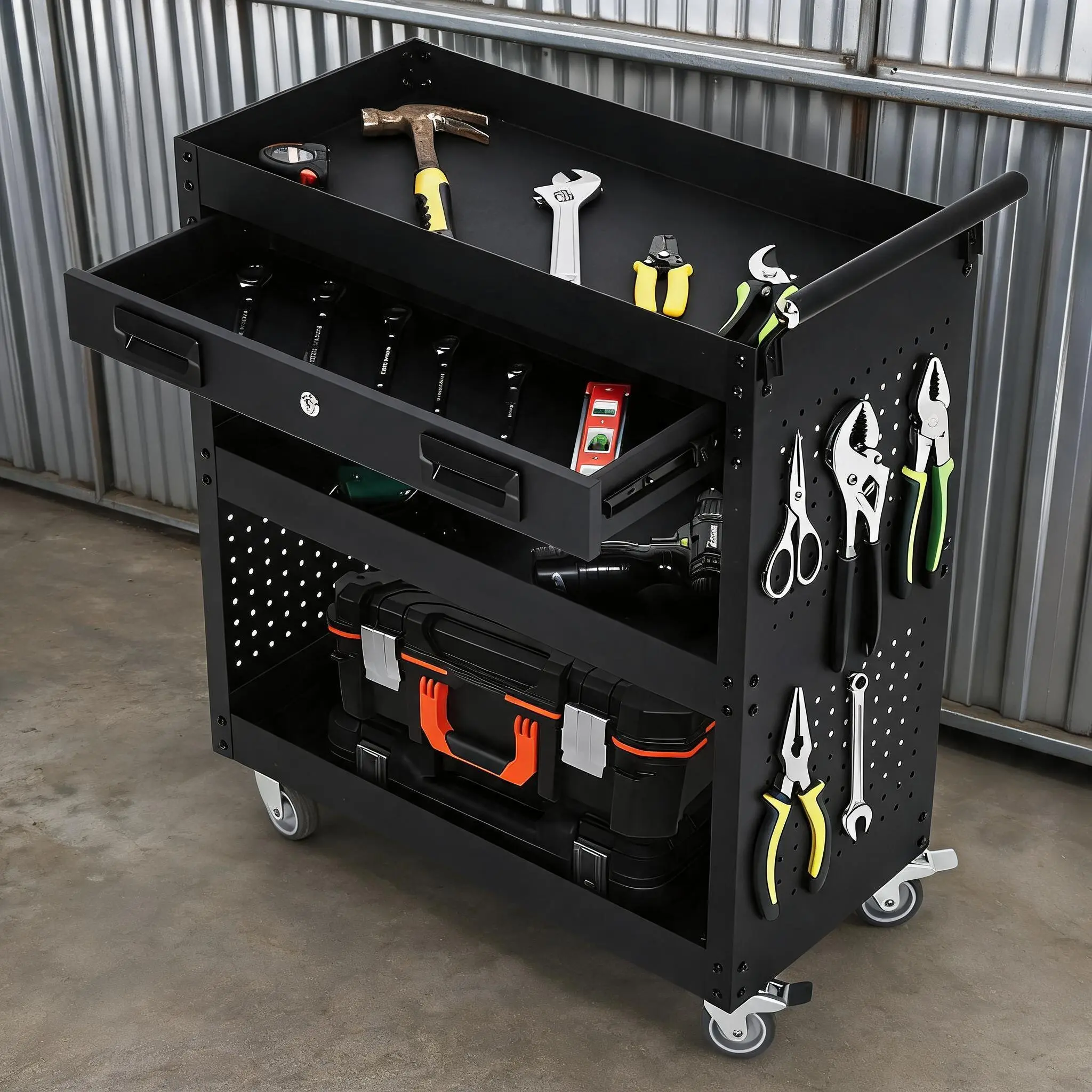 Tool Storage Cart – 27" Mobile Workstation – Cold-Rolled Steel, 90kg – Lockable Drawer, Punching Boards – Swivel Casters – Garage/Workshop/Facility