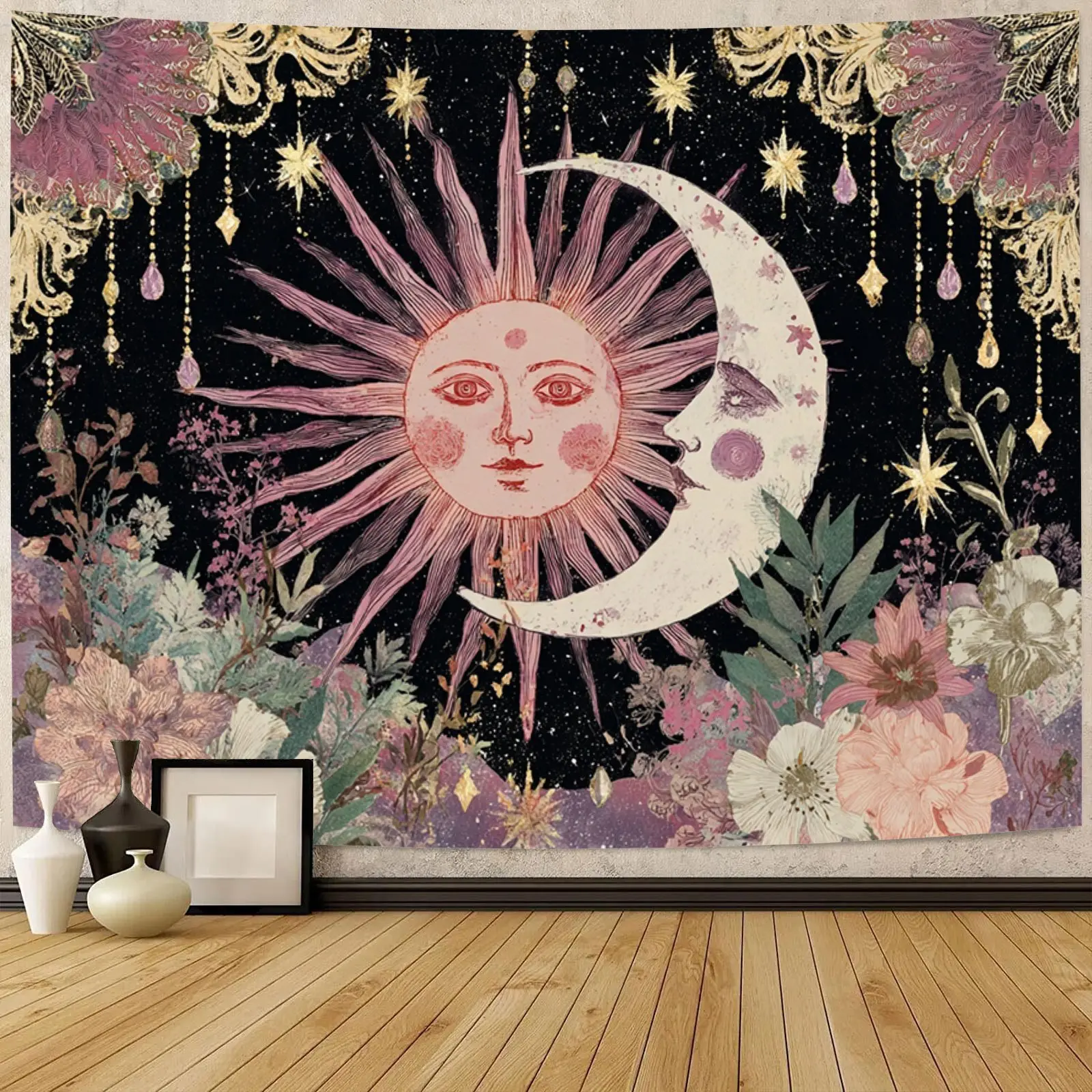 Celestial Face Sun Moon Stars Printed Cloth Tapestry - Bohemian Floral Vines, Vintage Psychedelic Wall Hanging for Dorm, Bedroom, High-Clarity Non-Fading Print, Wrinkle-Resistant Machine-Washable Boho Indoor Decor Gift