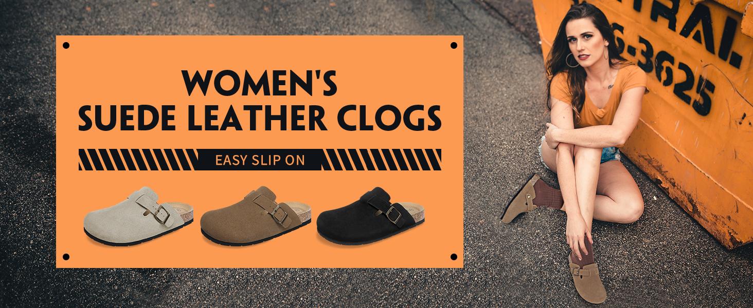 Xiakolaka Women's Suede Clogs Leather Mules Cork Footbed Sandals Potato Shoes with Arch Support Ergonomic Design Eva Sole