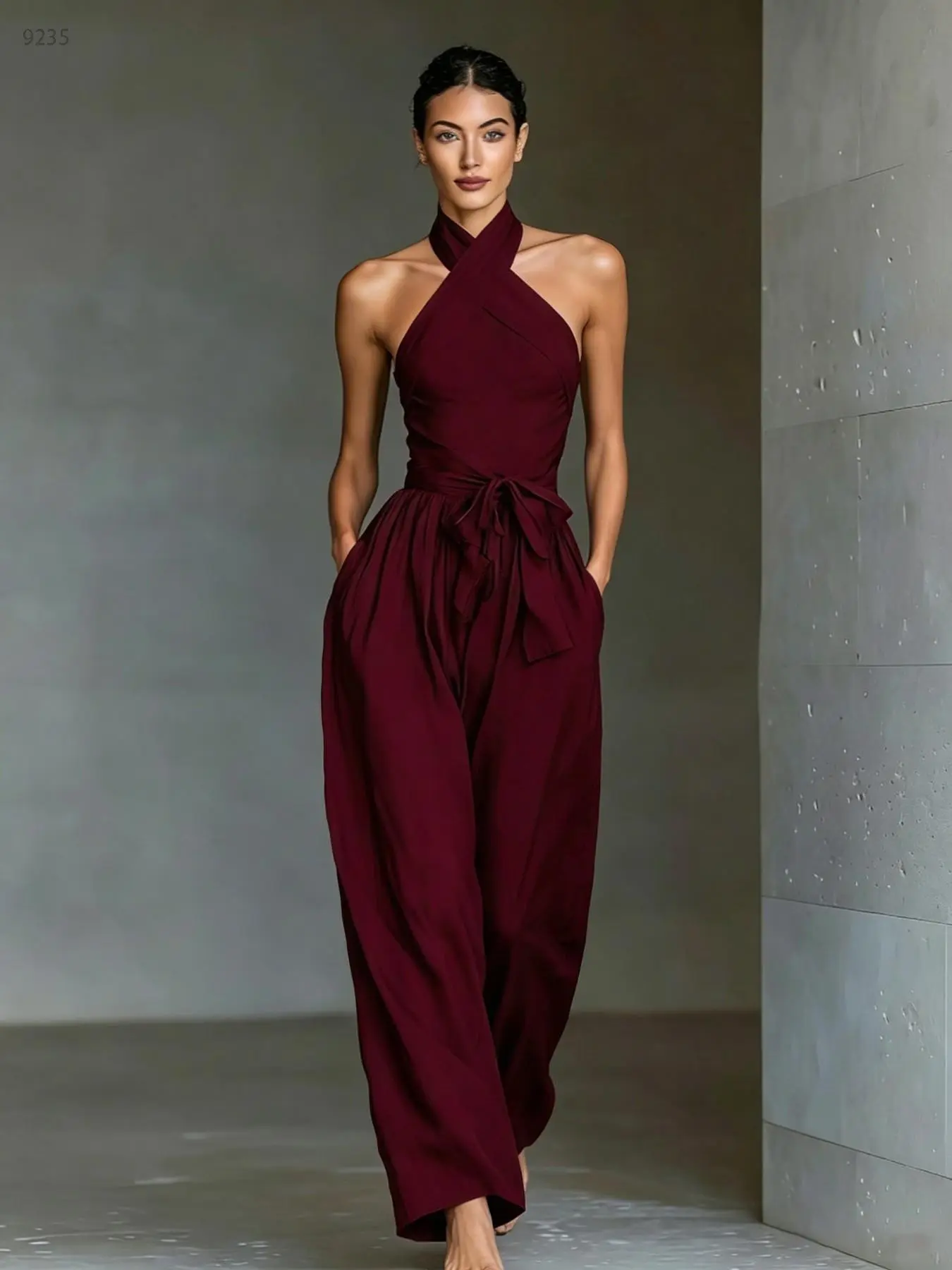 T9235 Stylish Cross Halter Neck Active Jumpsuit, Flowy Wide Leg with Pockets and Belted Waist, Perfect Matching Outfit for Summer Vacation and Dates.