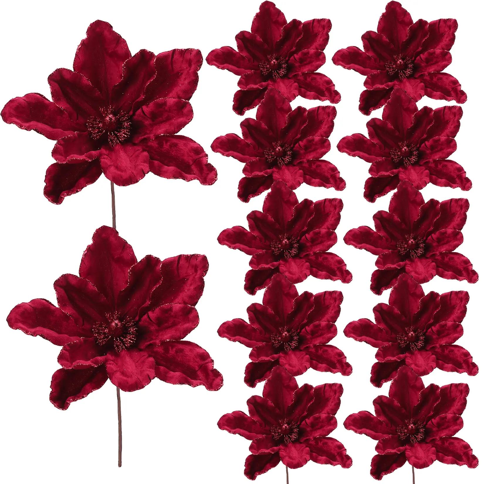 12PCS Glitter Magnolia Flowers for Christmas - 12 Inch Velvet Artificial Flowers with Pearls for Xmas Tree Decorations, Wreaths, Centerpieces (Boxed)