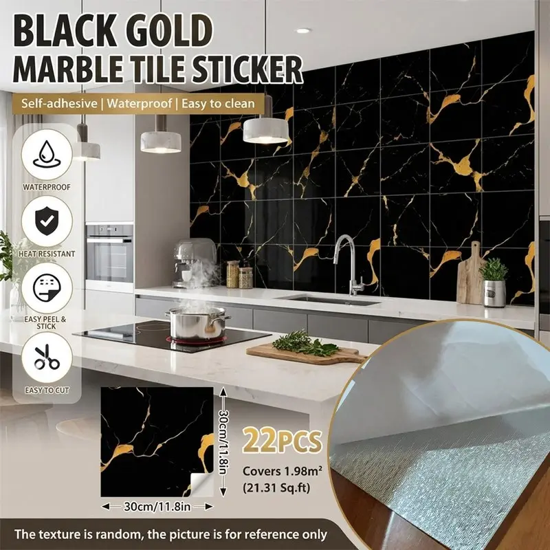 22 Pcs Gold Marble Self-Adhesive Wall Tiles, Waterproof High-Temp Oil-Resistant, Easy Cut, No Drilling, Ideal for Kitchen & Bathroom