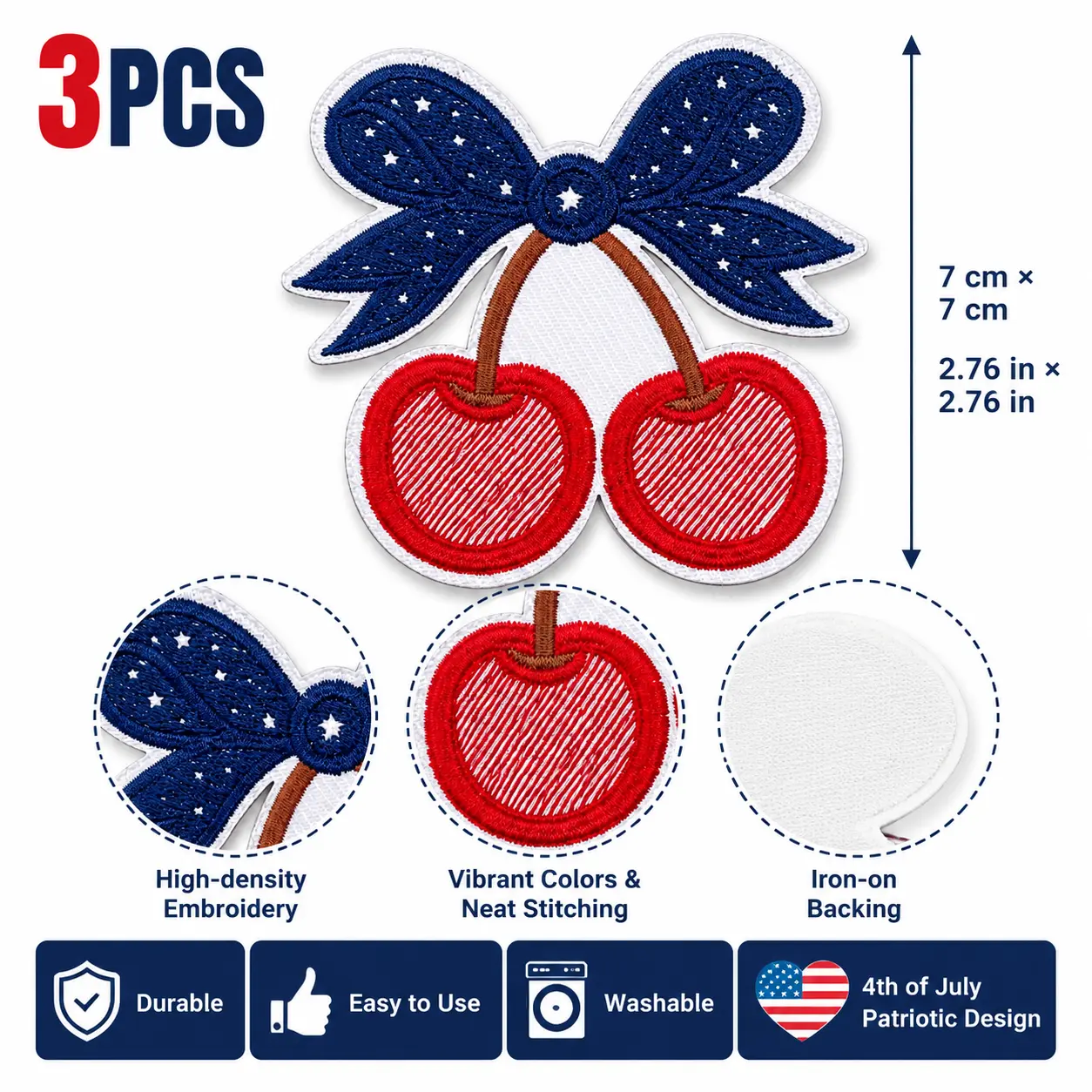 3pcs-1bag Cute 4th of July Embroidered Iron-On Patches 3 Pack Patriotic Cherry Bow Patches for Jackets