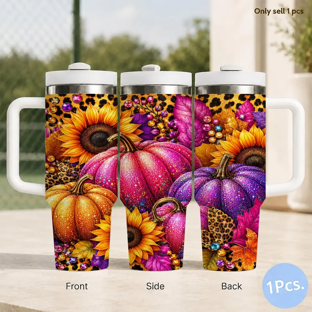 Fall Pumpkin Glitter Vacuum Flasks 40oz Insulated Tumbler with Handle and Straw, Stainless Steel Large Capacity Water Cup with Lid, Car Cup Holder Friendly, Reusable Tumbler Gift for Women and Friends