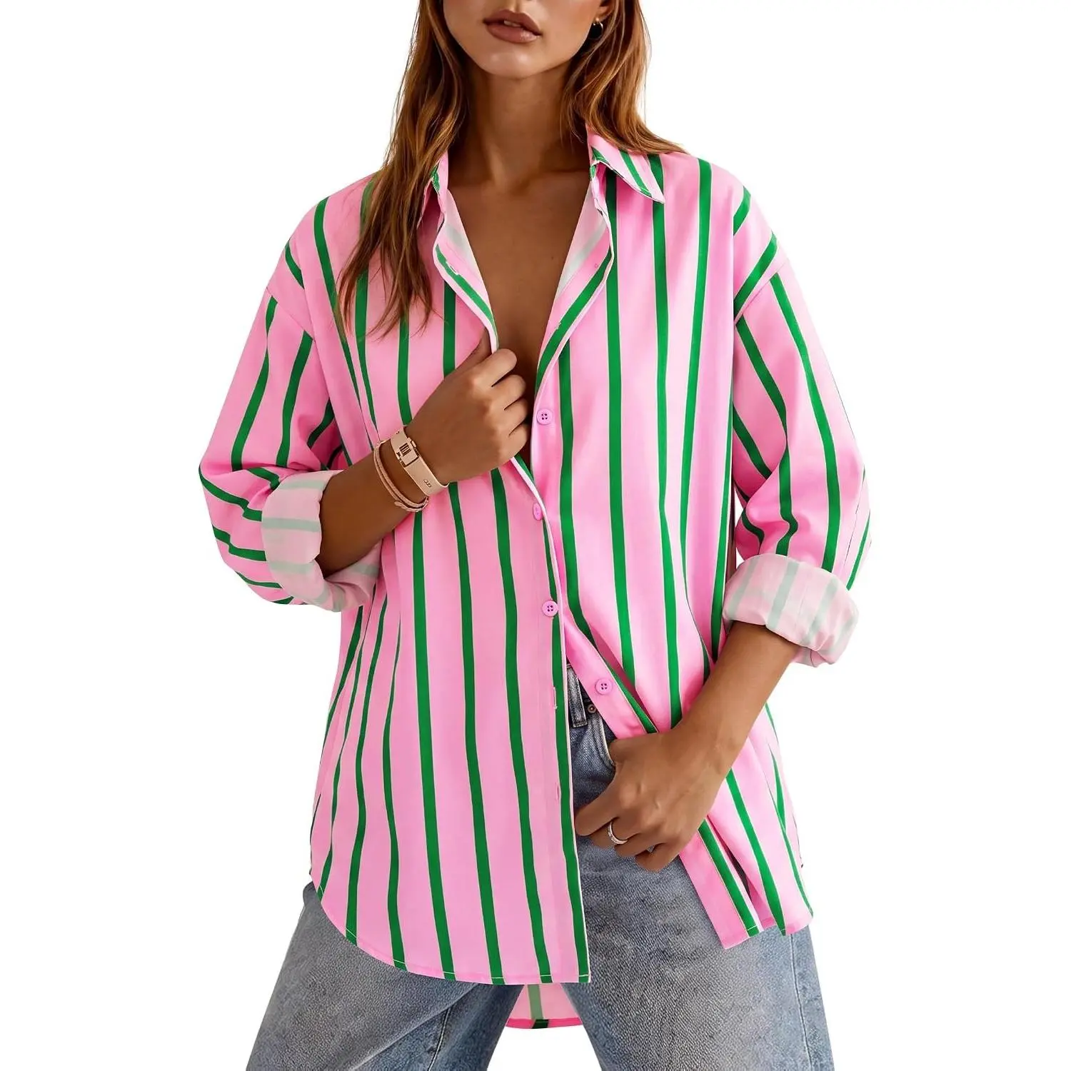 Women's Casual Striped Button Down Shirt, Oversized Long Sleeve Blouse, Lightweight Top for Work or Beach Swimsuit Cover Up, Sleeve Shirt, Breathable, Chic,clothes for back to school,first day of school outfits