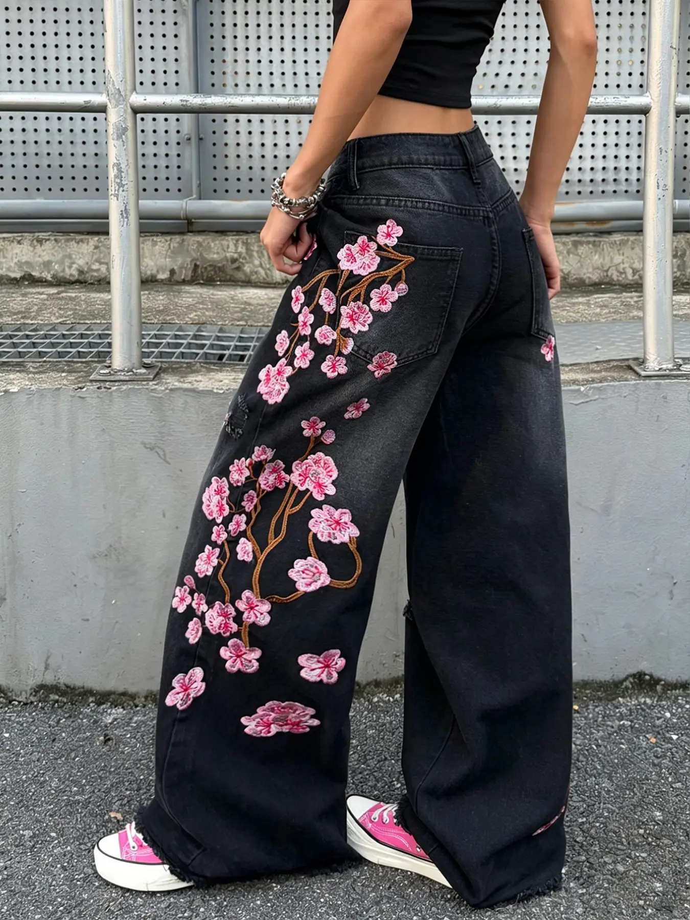 Chic Cherry Blossom Embroidered Denim Jeans, Y2K Streetwear Loose Fit Wide Leg Pants, Unique Frayed Hole Design, All-Season Casual Long Trousers