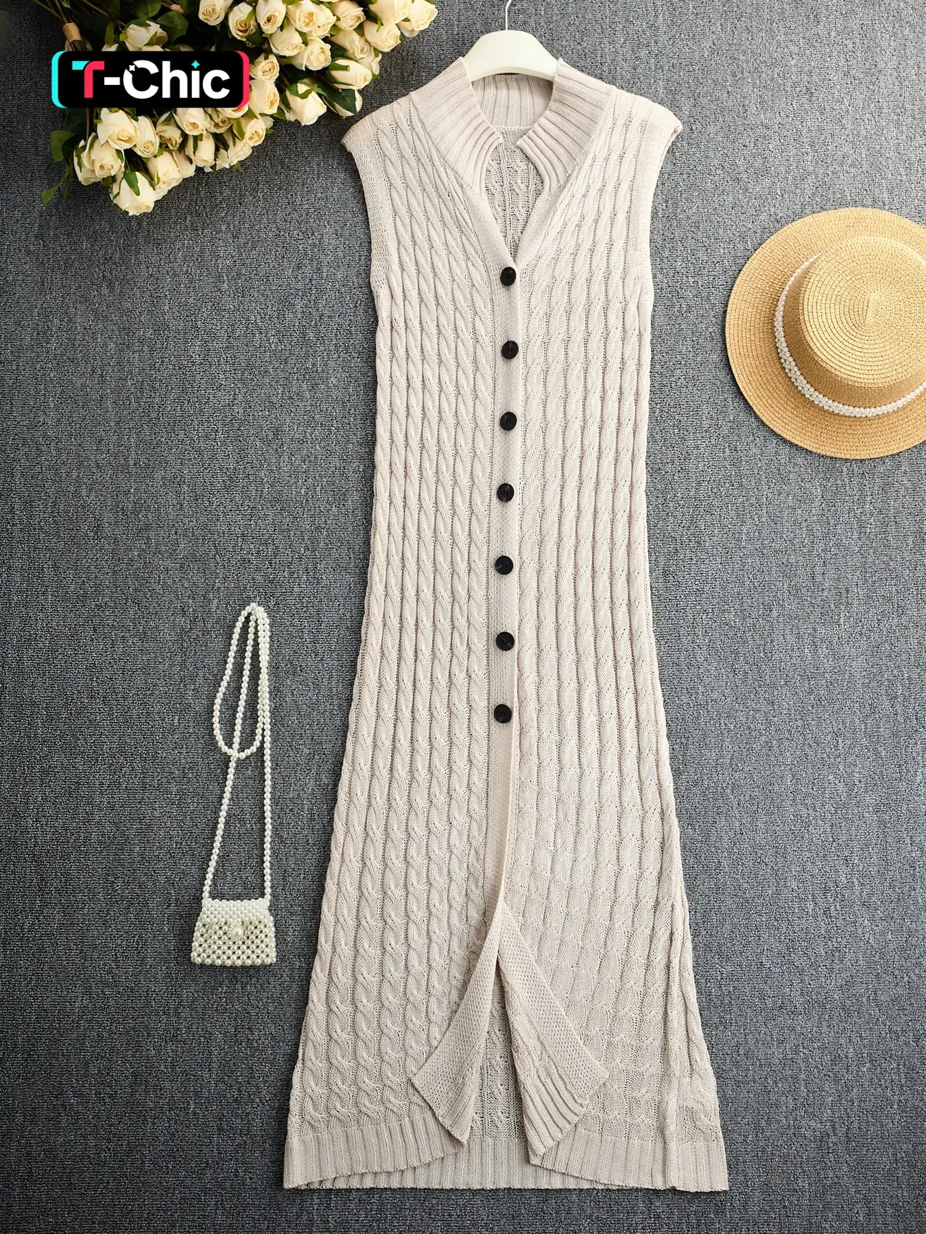 Elegant Casual Cable Knit Textured Breathable Fitted Long Vest for Women, Soft Knit Fashion Vest Tops Sleeveless Stand Collar Single Button Design for Spring Summer Fall, Elegant Layering Top