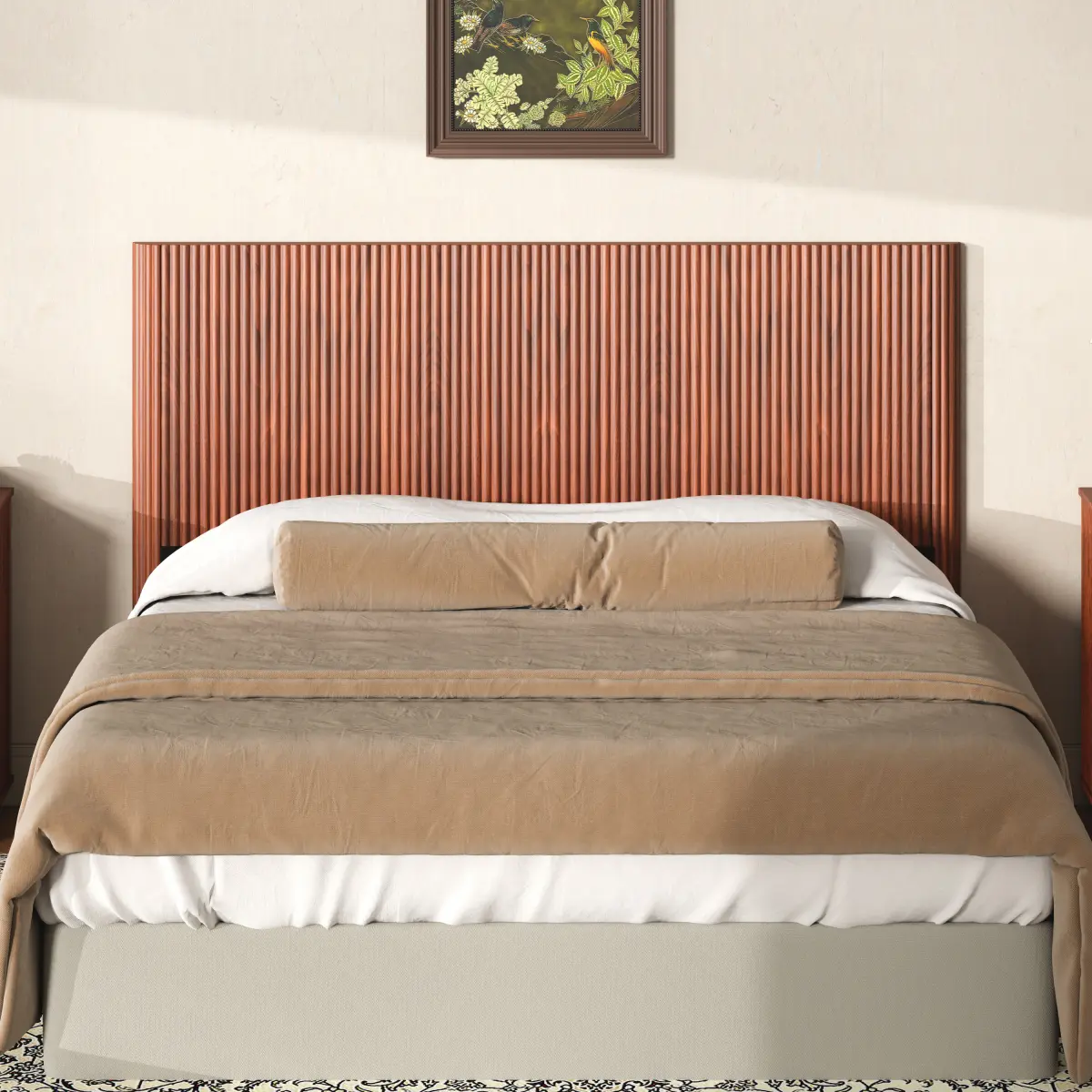Queen Size Rustic Vintage Farmhouse Headboard - Walnut Wave-Shape Curved Edge Wood MDF, Iron Frame, 65.4" W x 44.5" H, Assembly Required, Modern Elevated Bedroom Headboard, DIY Setup, Fits Most Standard Queen Bed Frames