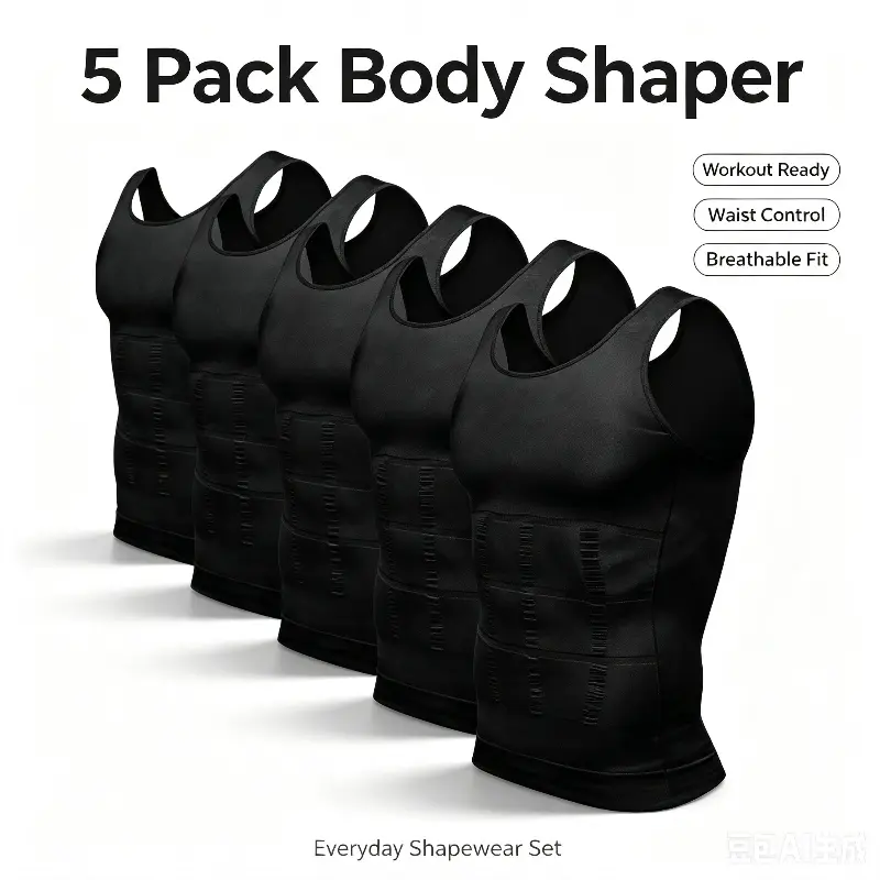 Men's 5-Pack Plain Tummy Control Compression Tank Top - Black*2+Grey*1+White*2, Male Shaping Shaper Undershirt, Festive Holiday Gift for Him