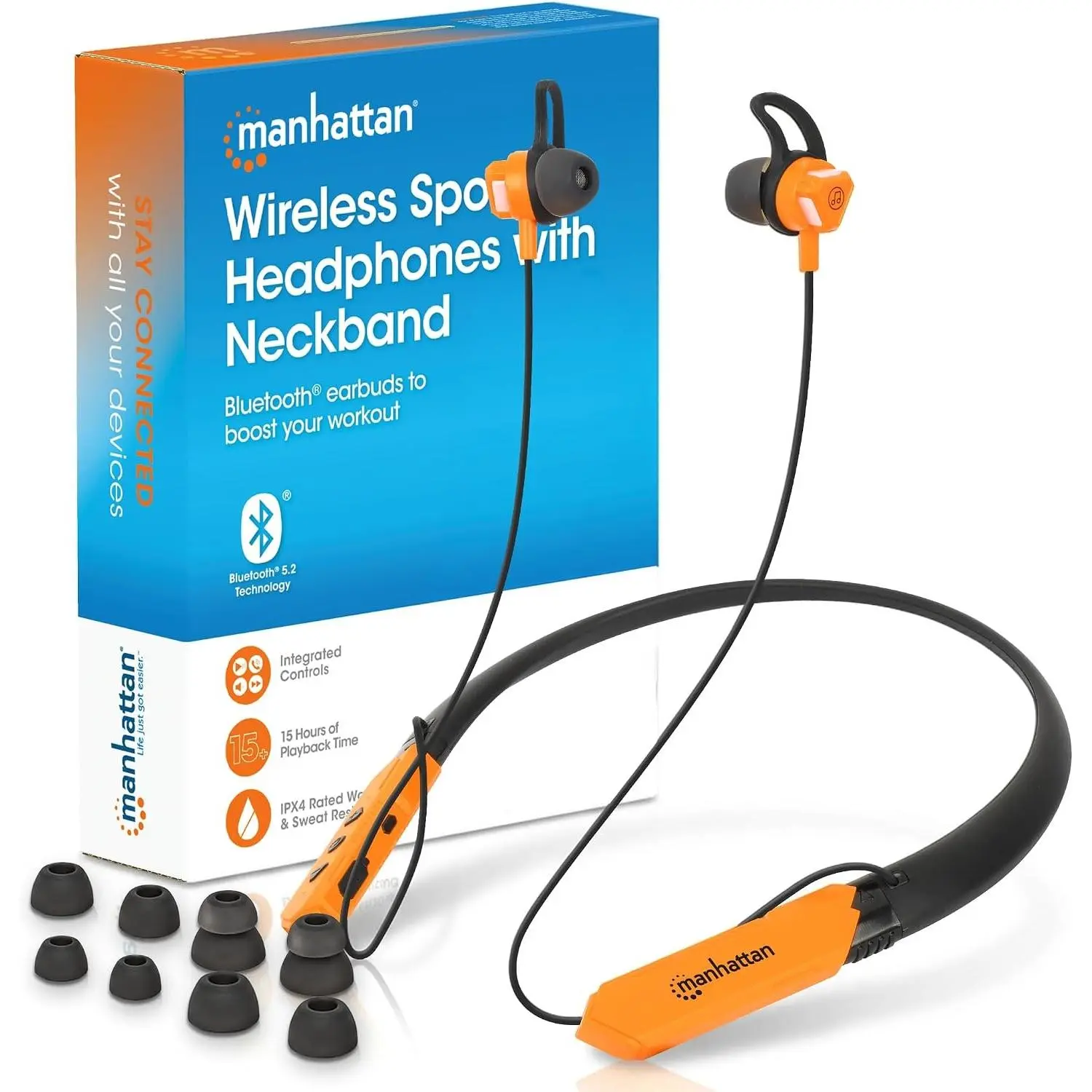 Single Pair Bluetooth Wireless Neckband Headphones - Detachable Magnetic Earbud, 15H Playtime, Noise-Isolating, IPX4 Waterproof, Built-in Mic, Charging Support for Work & Music (Black/Orange Gift)