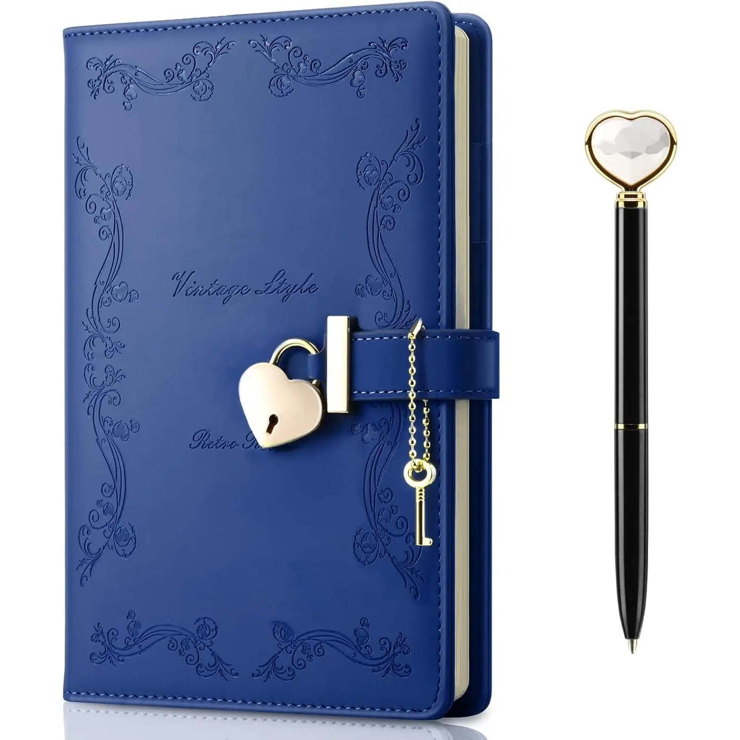 Lock Diary with Key and Pen for Girls, 192 Pages  Leather Heart Shaped Journal Notebook with Lock and  Pen, A5 Cute Locked  Diaries for Women (Navy blue)