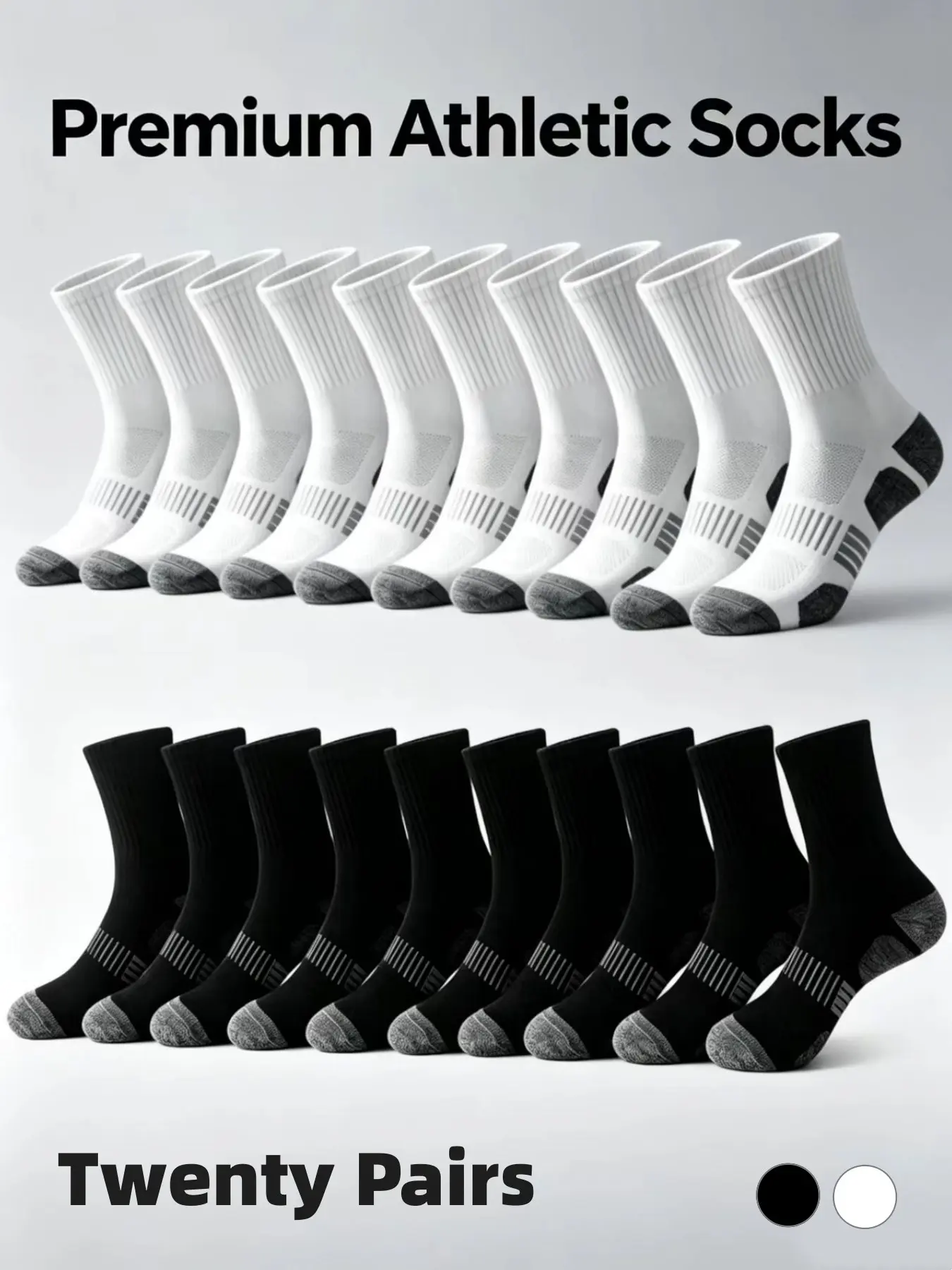20 Pairs Men's Cushioned Sports Crew Socks, Breathable Arch Support, Durable Toe Heel, Quick Dry Sweat Wicking, Ideal for Running, Hiking, Basketball, Fitness, Outdoor Activities