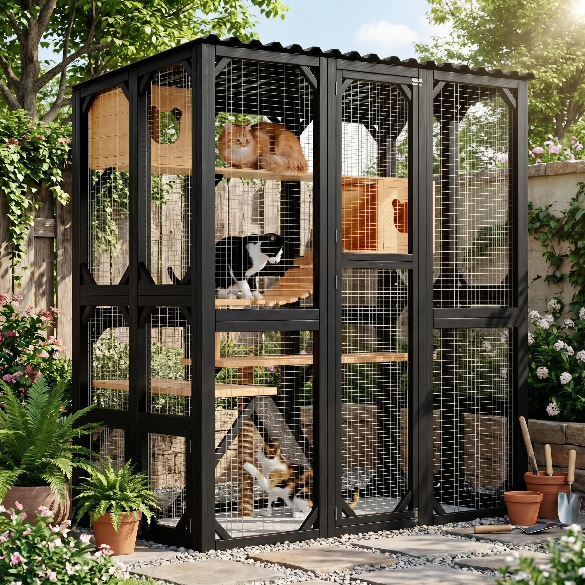 Large Walk-In Outdoor Catio for Cats, 2-in-1 Cat House & Enclosure. 4-Tier, 7 Platforms, 2 Private Rooms. Weatherproof, Insulated Wood Structure. Safe Mesh Windows. For Multiple Cats, Backyard Garden Pet Habitat