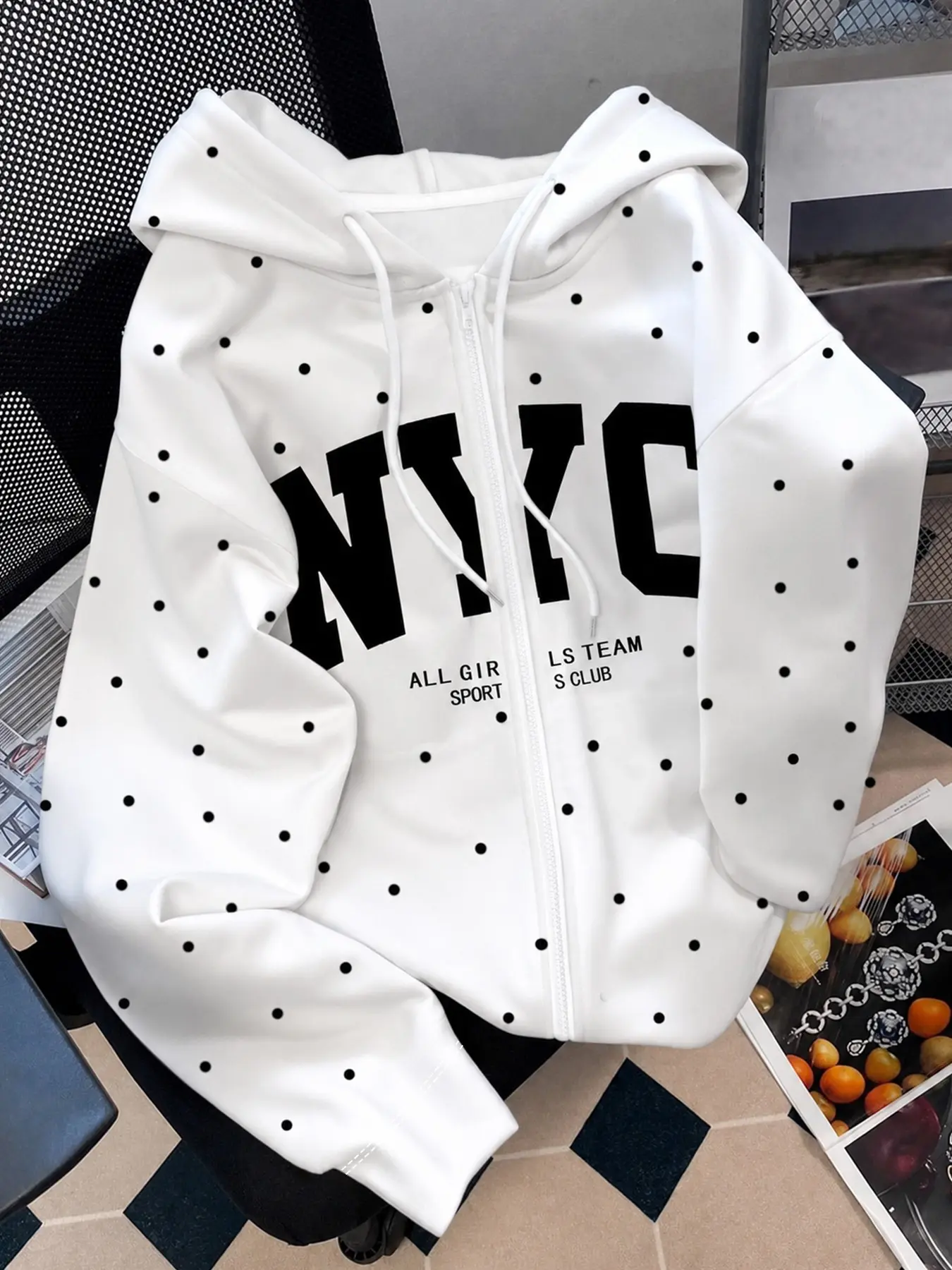 Women's Polka Dot Hooded Long Sleeve Zipper Jacket, Fall Winter Casual Letter Print Cardigan, Sporty Fashion