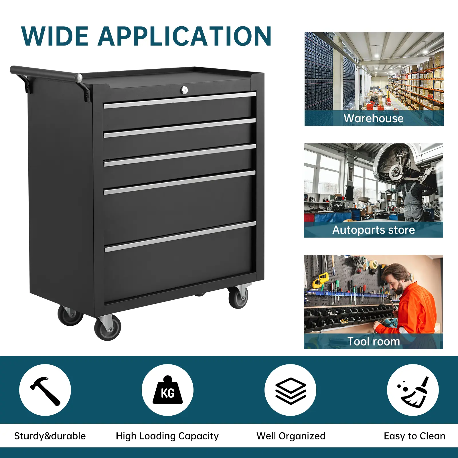 5-Drawer Rolling Tool Storage Chest, Portable Metal Tool Cabinet with Wheels, Locking Mechanism, Multifunctional Rolling Tool Organizer for Warehouse, Repair Shop, Garage