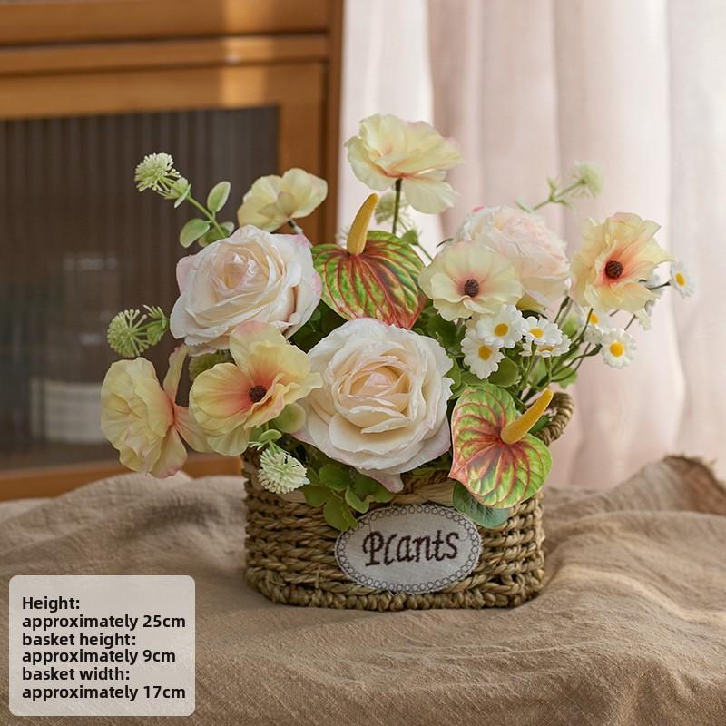 Elegant Rose  Flower Basket, Faux Floral Arrangement for Living Room & Dining Table Decor White Babys Breath Bouquet